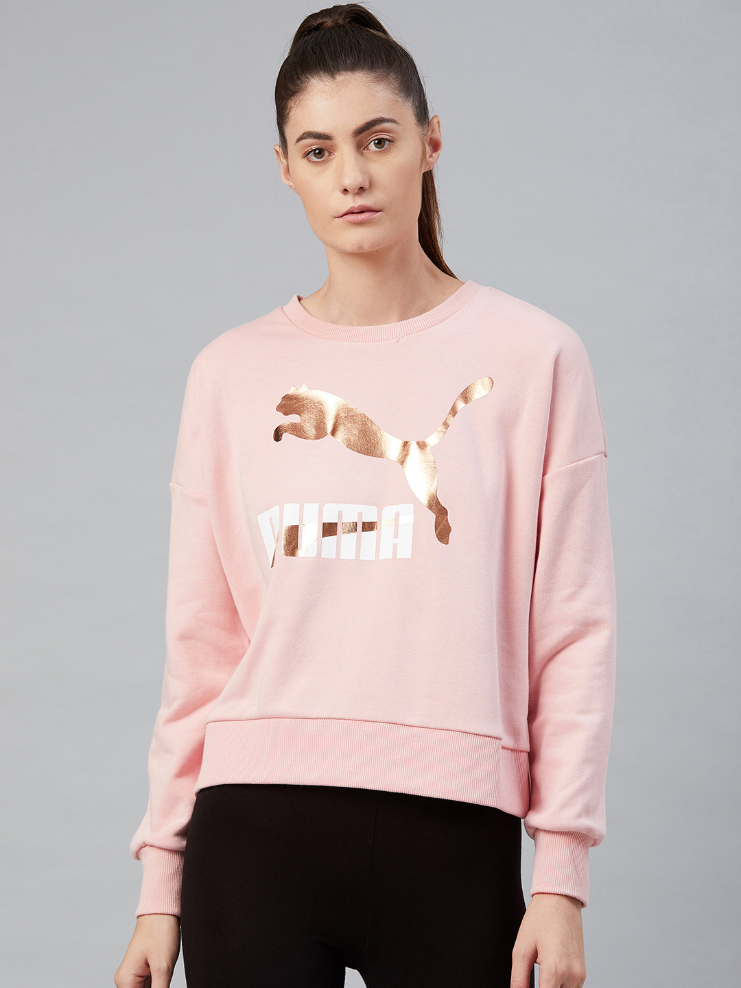

Puma Women Pink Classics Logo Crew Print Sweatshirt, Peach