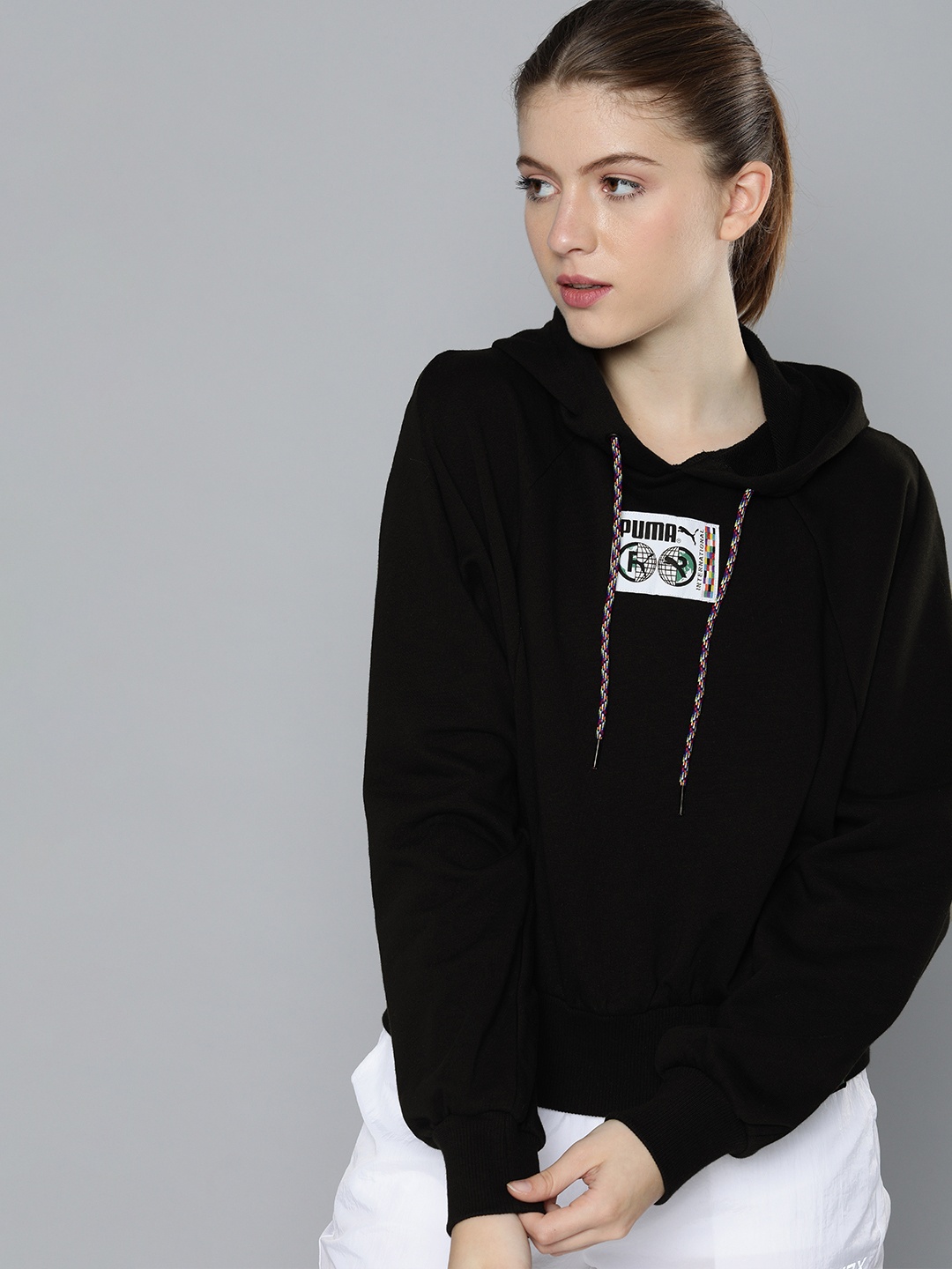 

Puma Women Black Logo Printed Hooded Pullover Sweatshirt