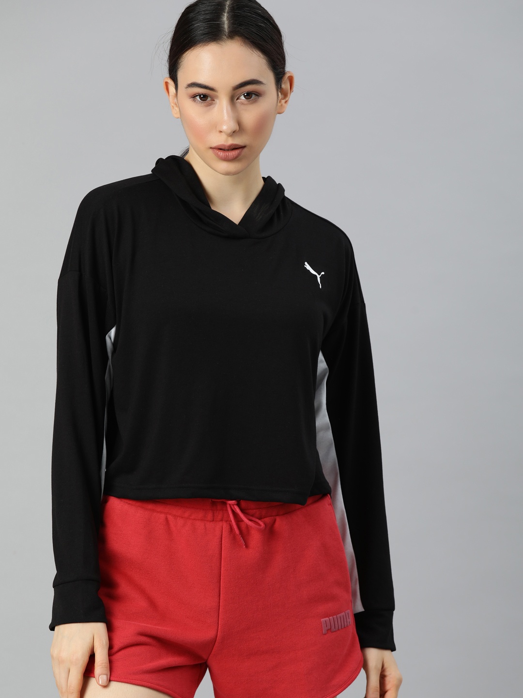 

Puma Women Black Solid Modern Sports Lightweight Hooded Crop Sweatshirt