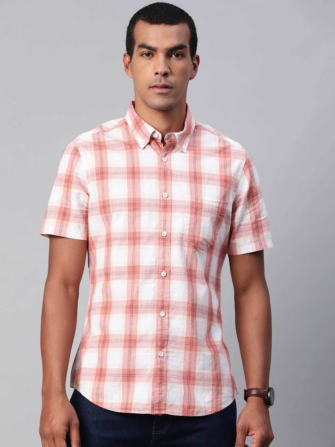

Marks & Spencer Men Peach-Coloured & Red Slim Fit Checked Pure Cotton Casual Shirt