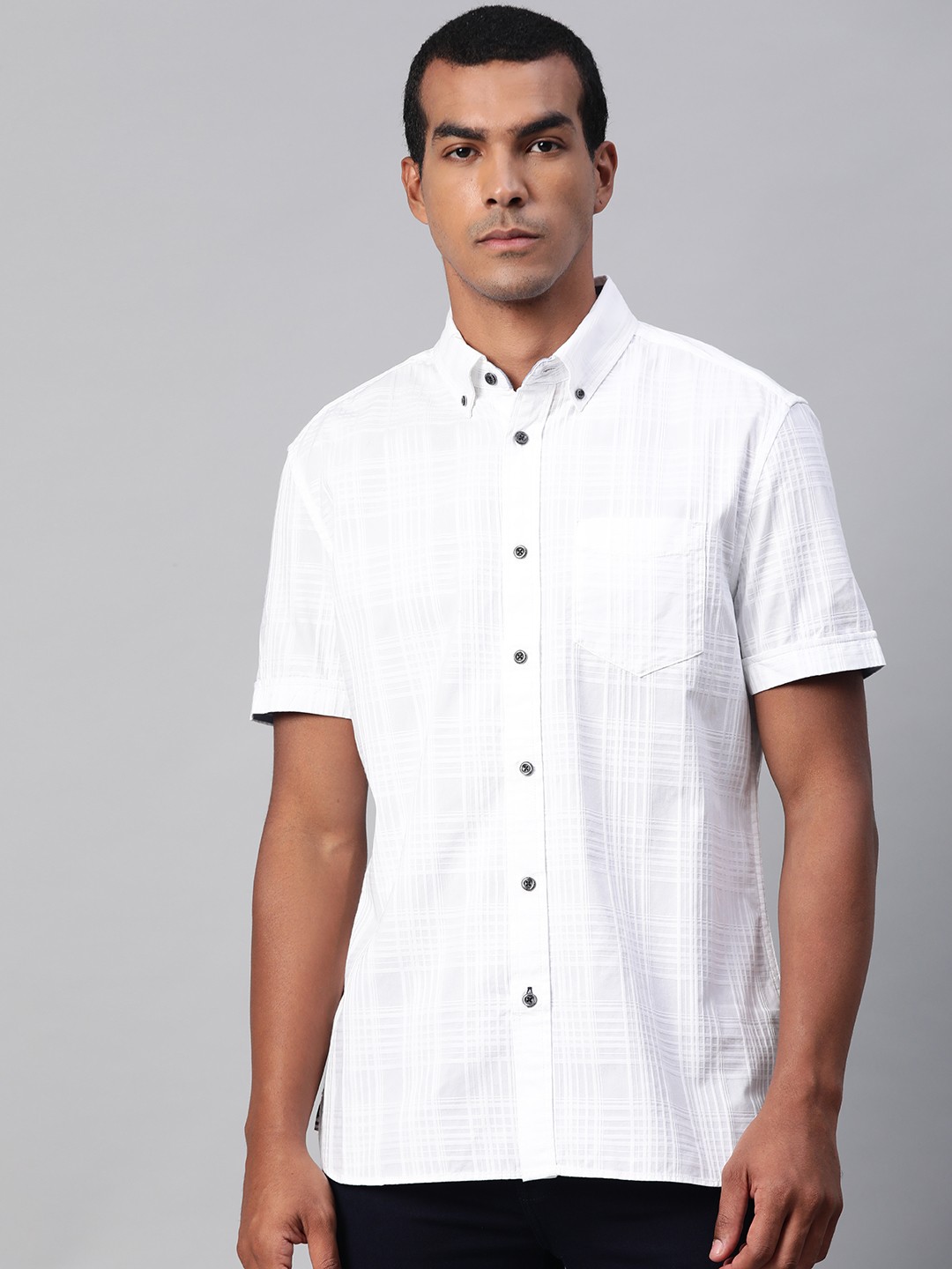 

Marks & Spencer Men White Cotton Regular Fit Self-Checked Casual Shirt