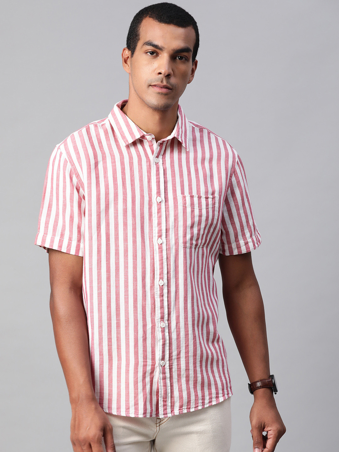 

Marks & Spencer Men Pink & Off-White Regular Fit Striped Casual Shirt