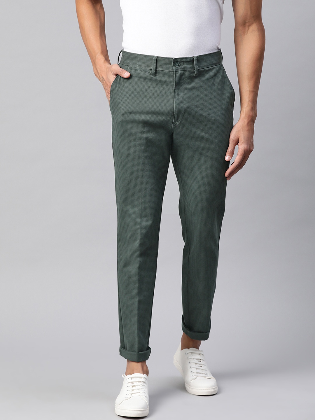 

Marks & Spencer Men Olive Green & Black Slim Fit Checked Regular Trousers
