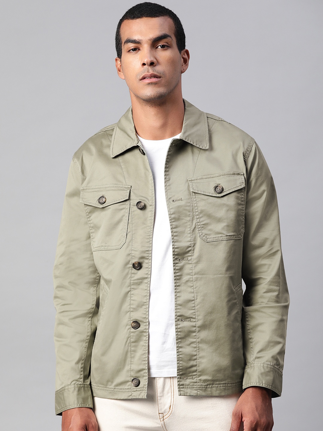 

Marks & Spencer Men Olive Green Regular Fit Solid Casual Shacket