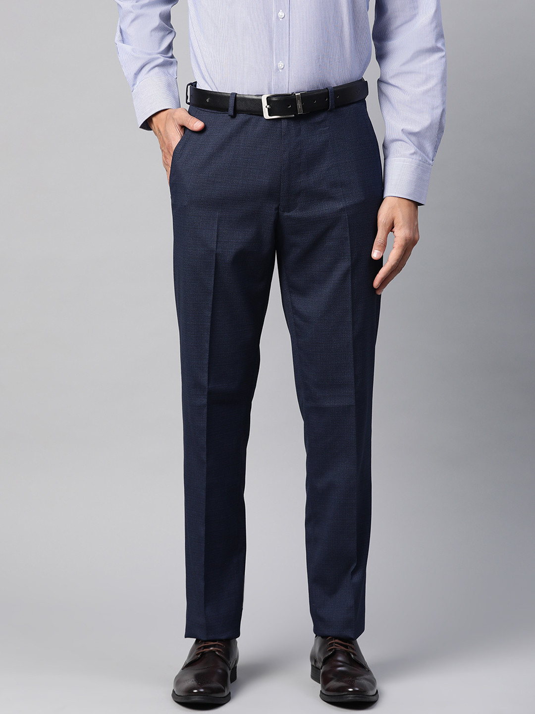 

Marks & Spencer Men Navy Blue Regular Fit Self Checked Formal Trousers