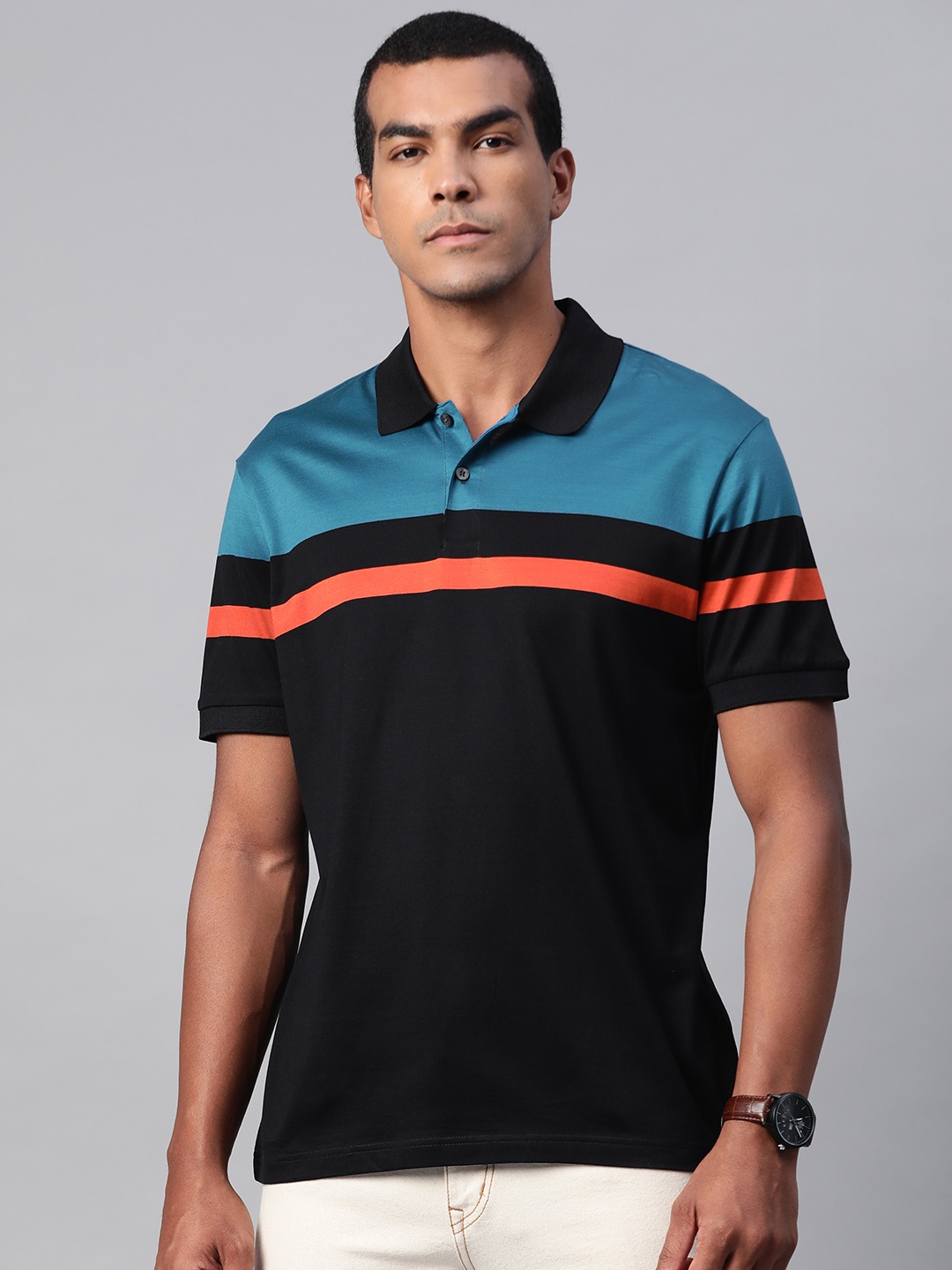 

Marks & Spencer Men Black & Teal Blue Cotton Striped Polo Collar T-shirt