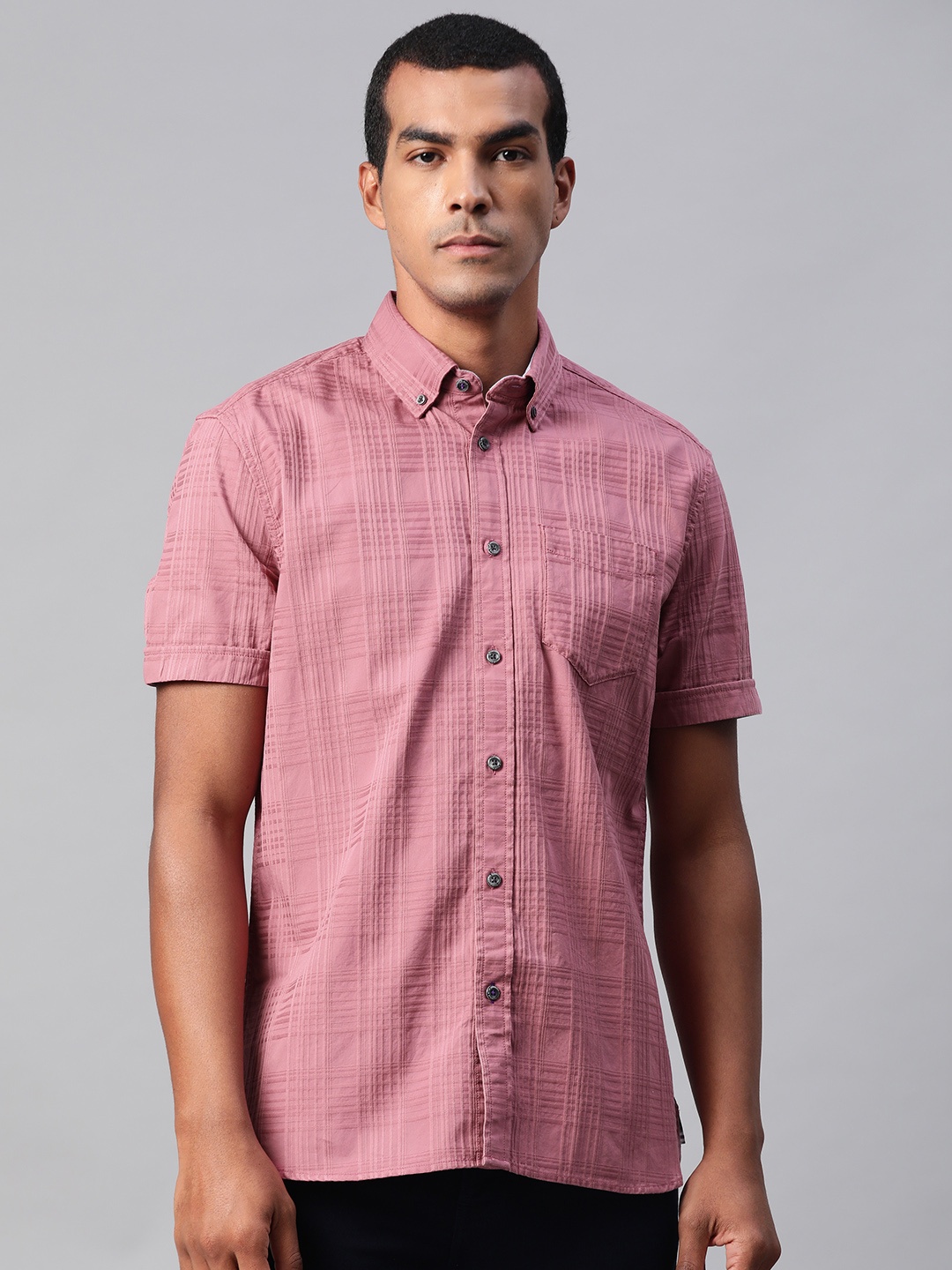 

Marks & Spencer Men Dusty Pink Cotton Regular Fit Self-Checked Casual Shirt
