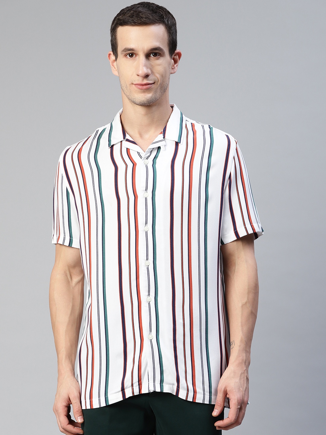 

Marks & Spencer Men White & Navy Blue Striped Casual Shirt