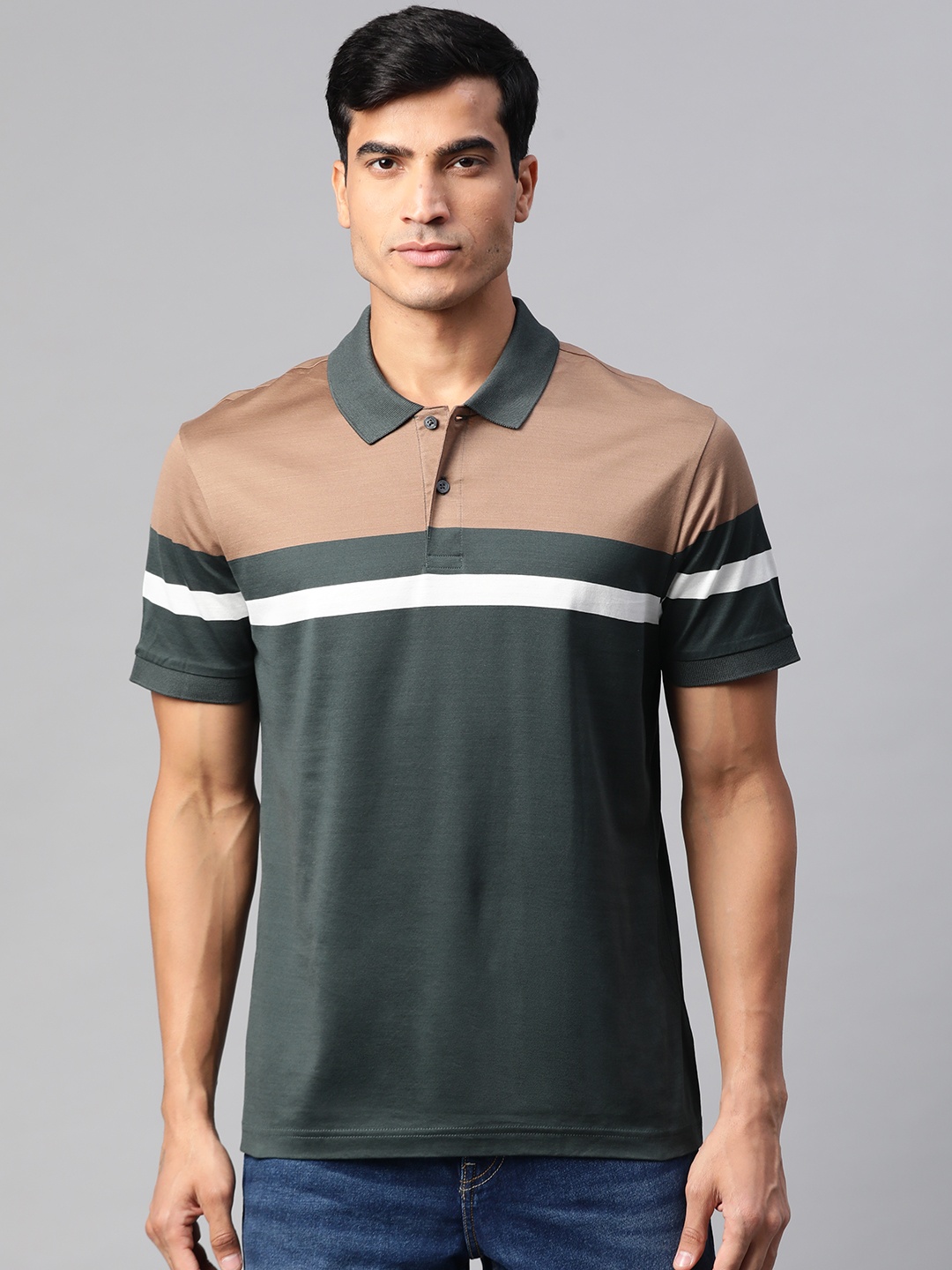 

Marks & Spencer Men Olive Green & Brown Pure Cotton Colourblocked Polo Collar T-shirt