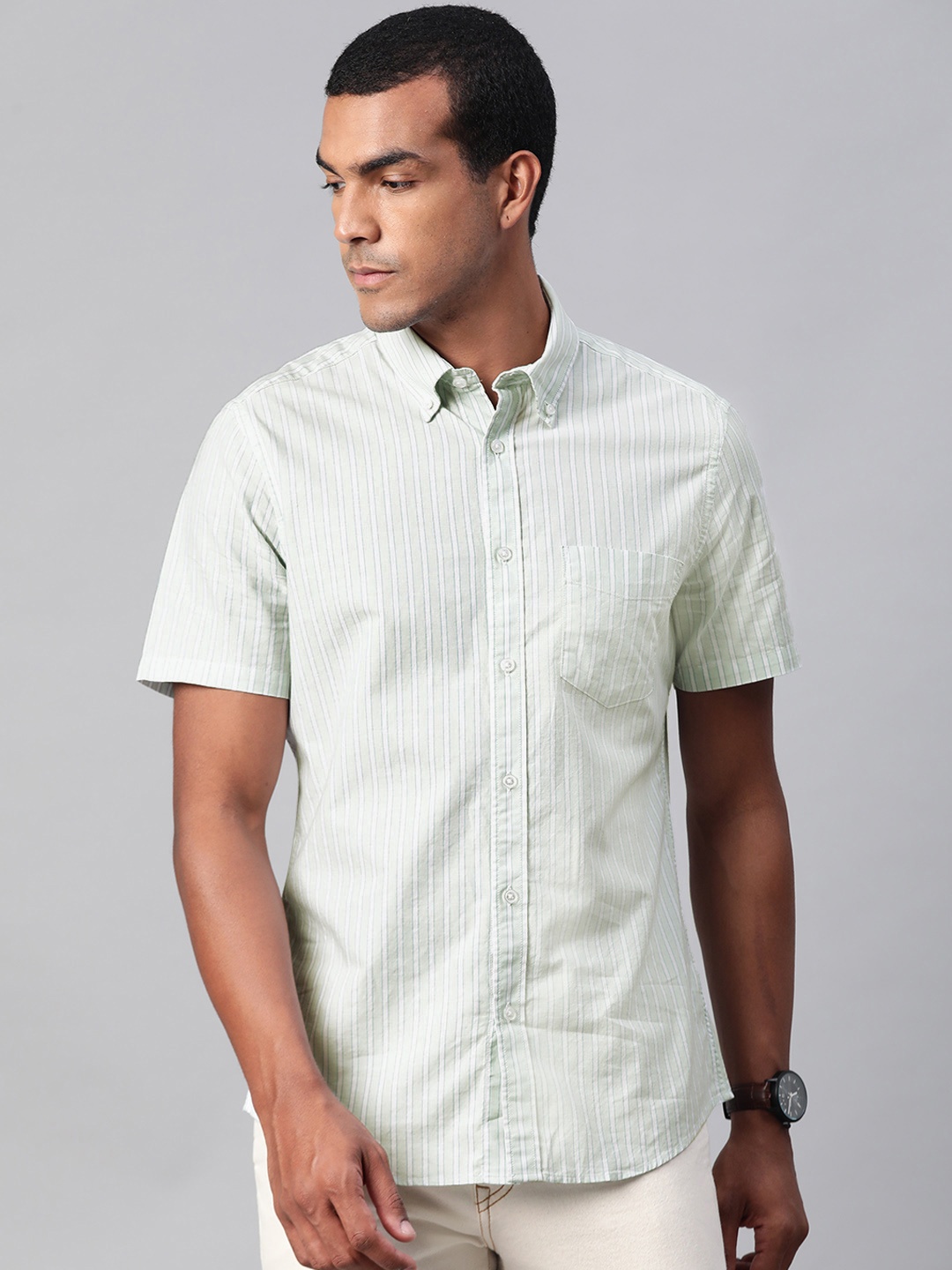 

Marks & Spencer Men Green & White Slim Fit Striped Pure Cotton Casual Shirt