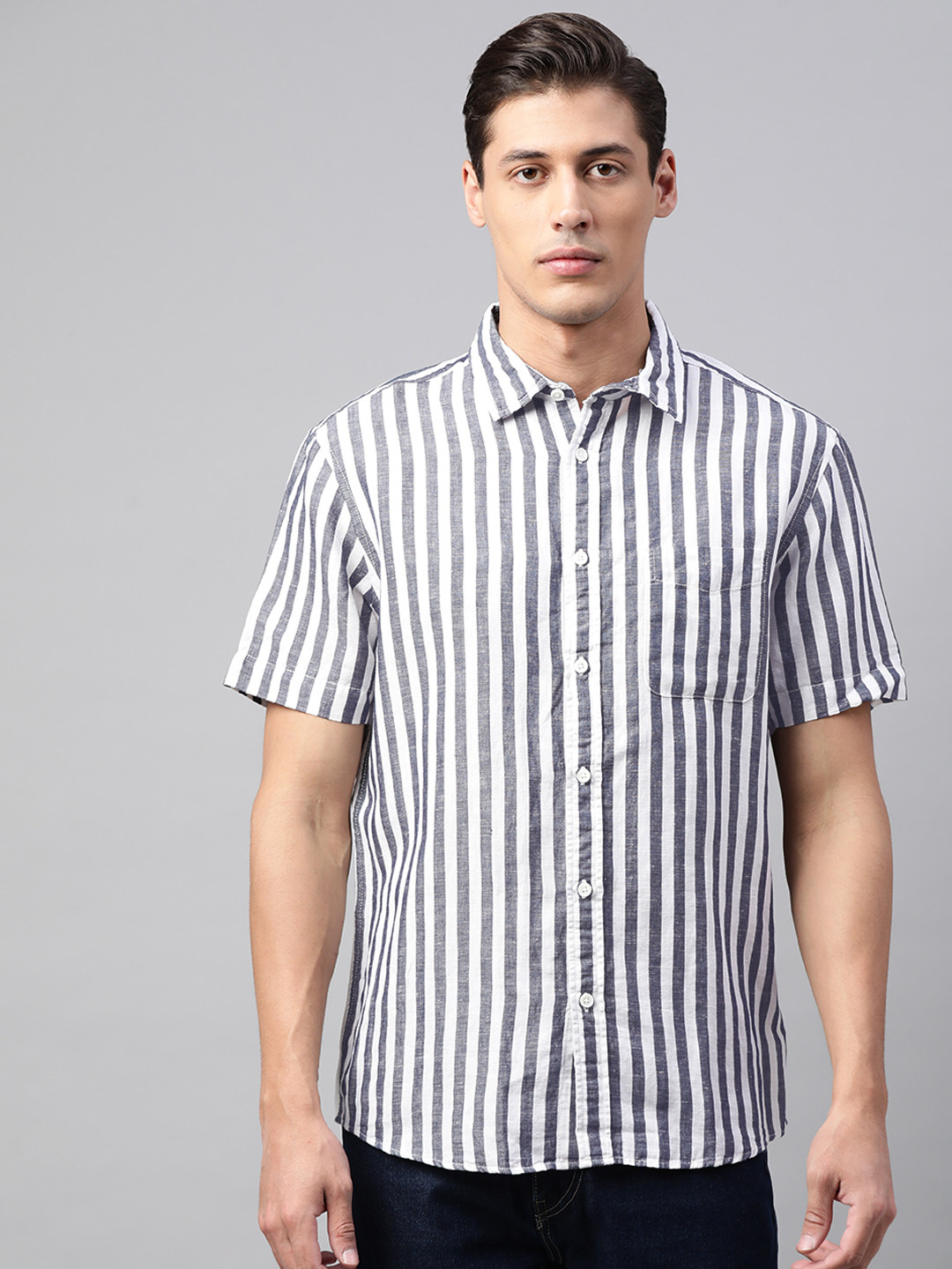 

Marks & Spencer Men White & Navy Linen Cotton Striped Casual Shirt
