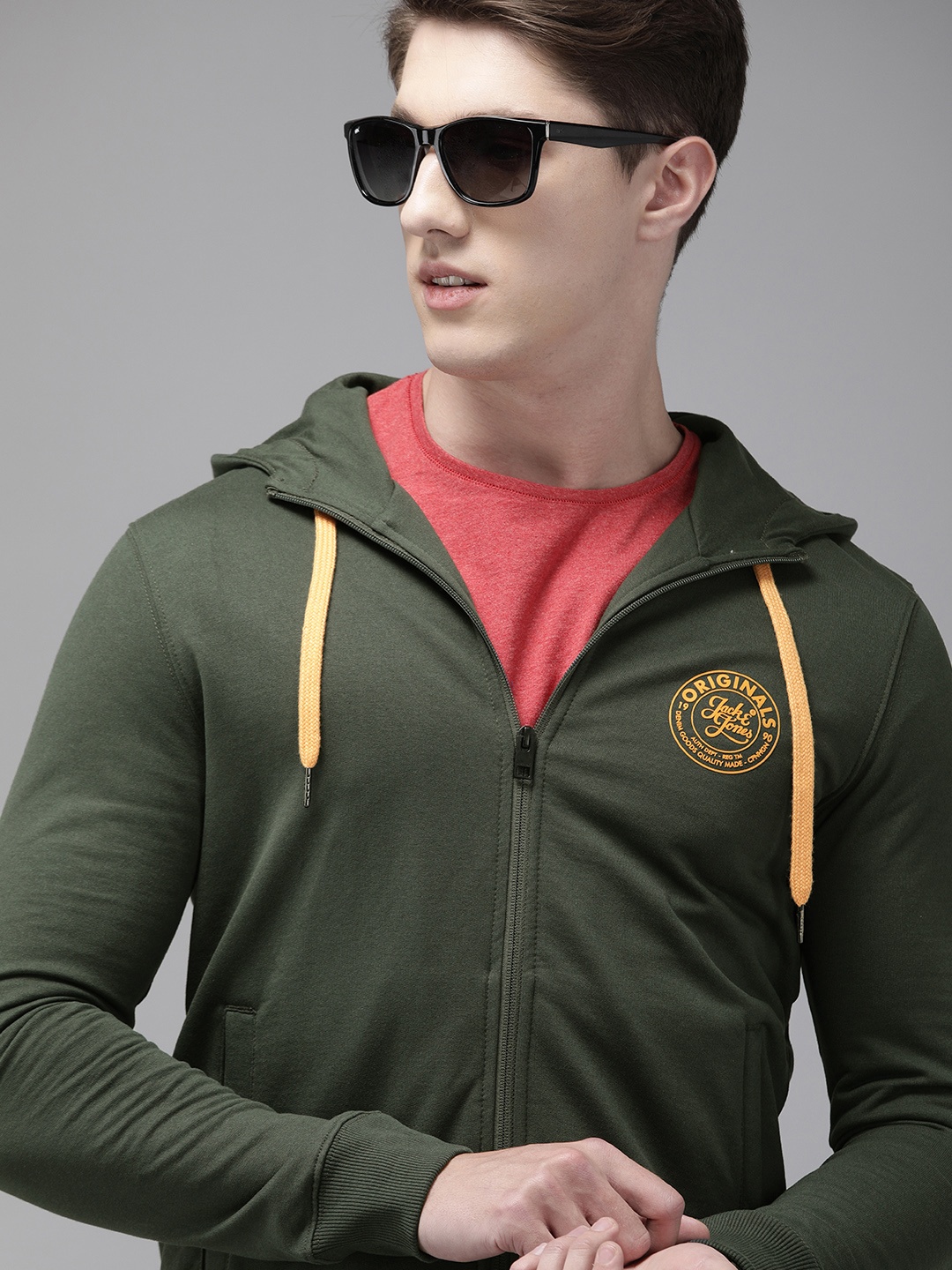 

Jack & Jones Men Olive Green Solid Hooded Sweatshirt