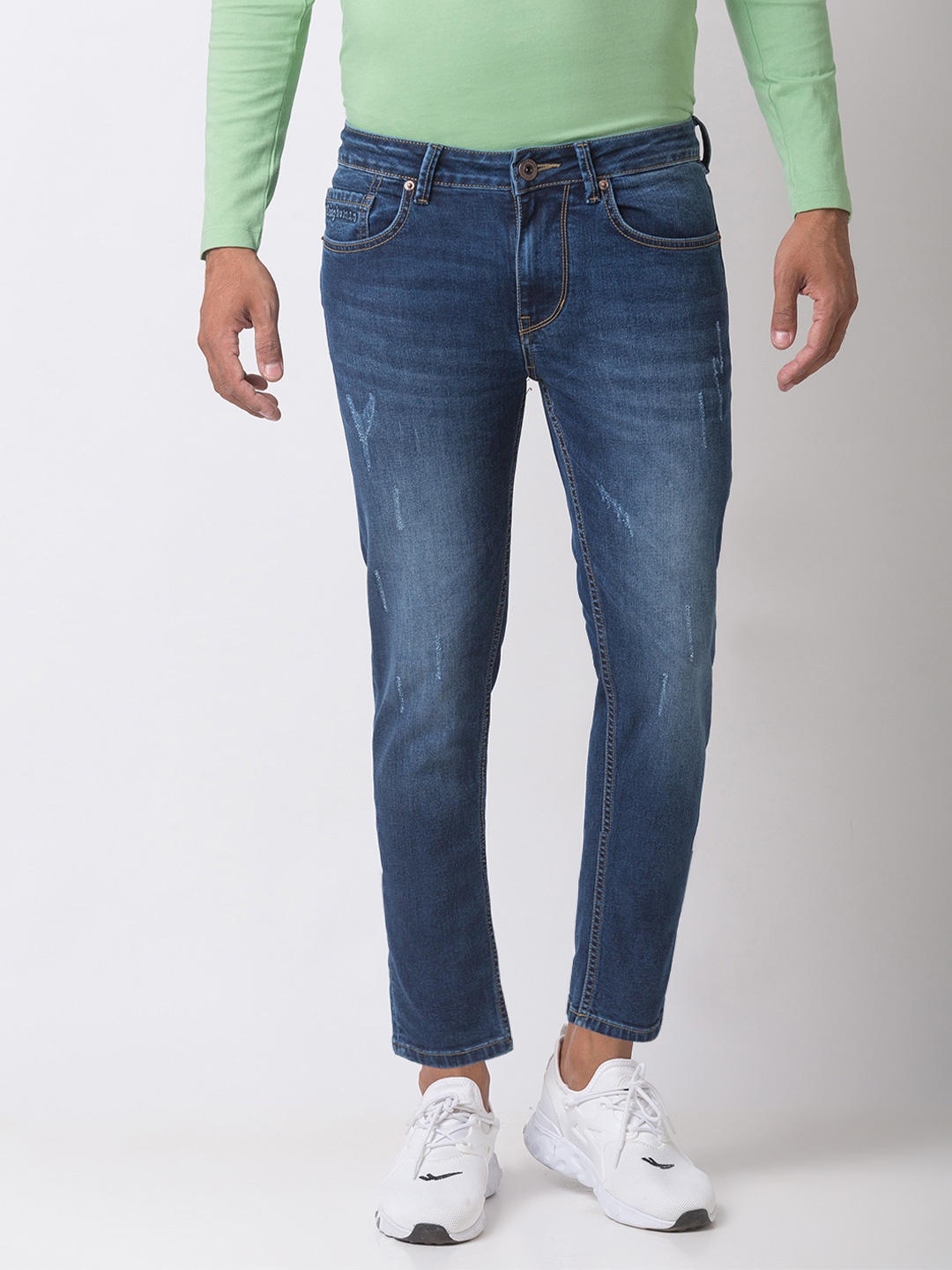 

Being Human Men Blue Skinny Fit Low Distress Light Fade Stretchable Cropped Jeans