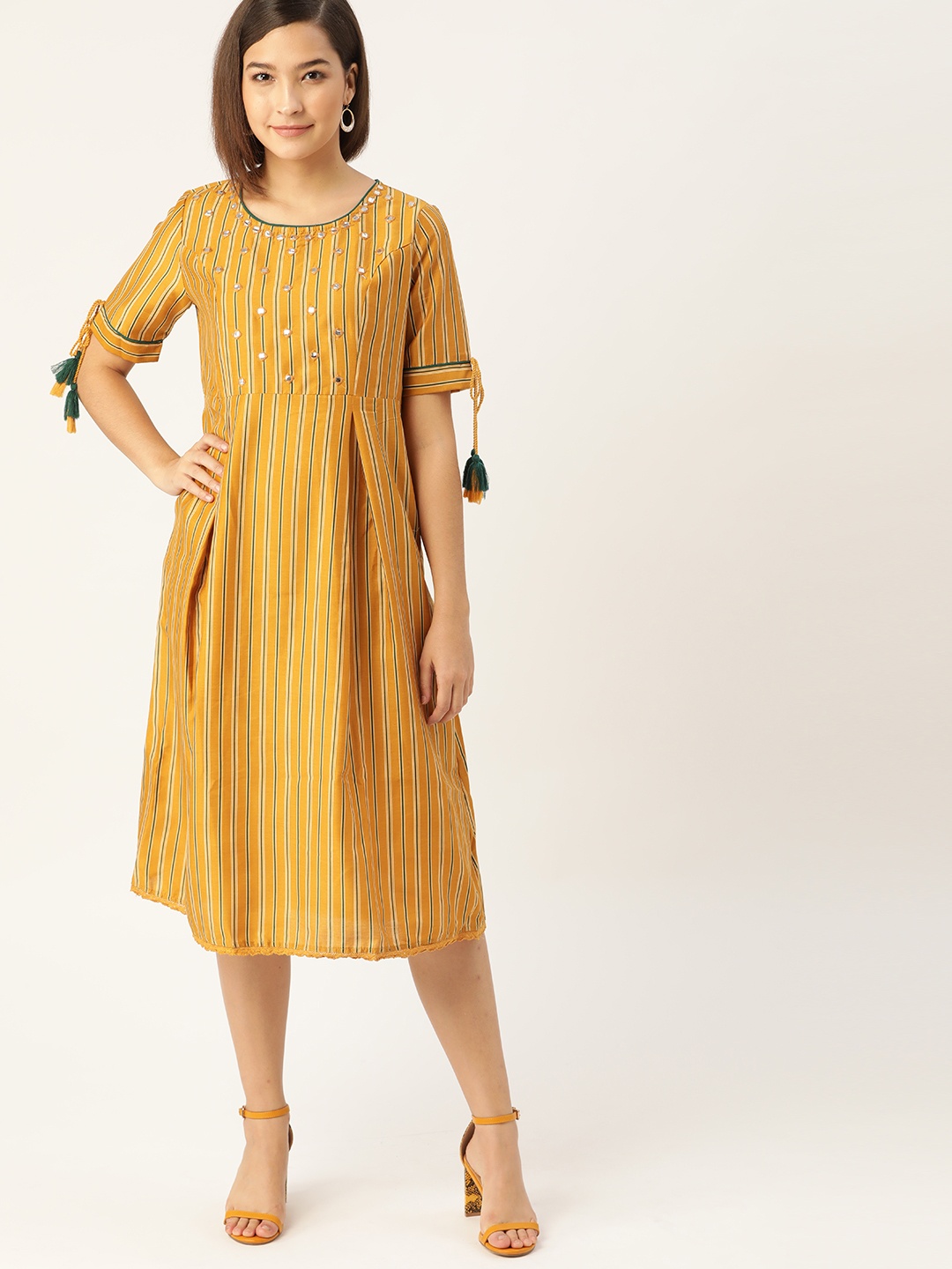 

all about you Women Mustard Yellow Striped Pleated Mirror Work A-Line Midi Dress
