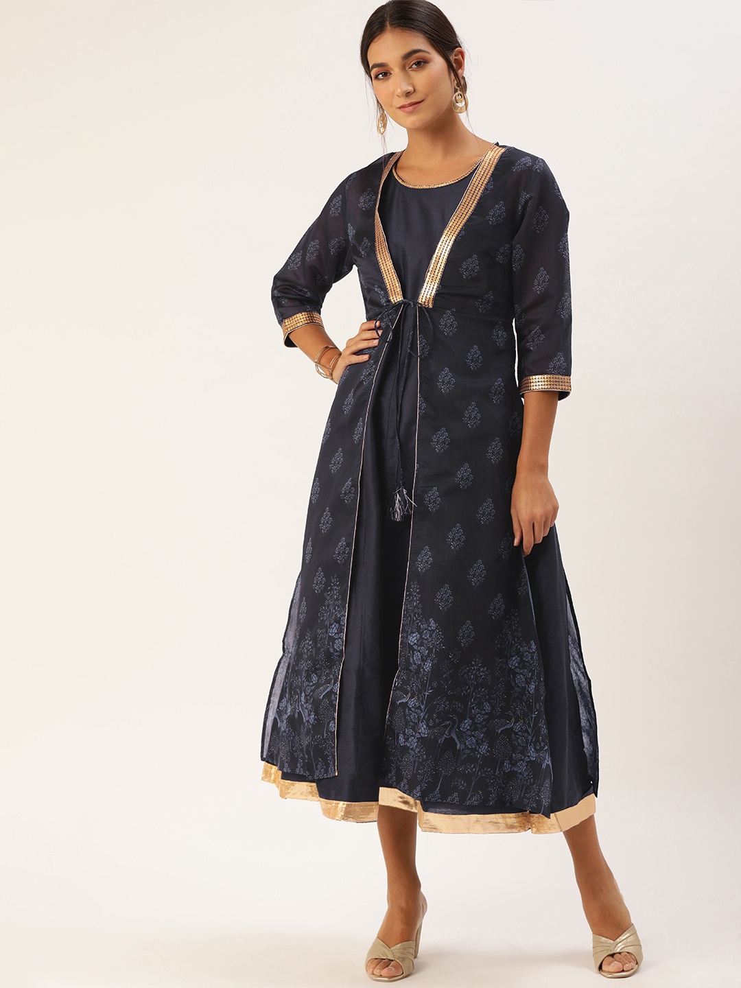 

all about you Navy Blue Solid A-Line Midi Dress with Ethnic Jacket