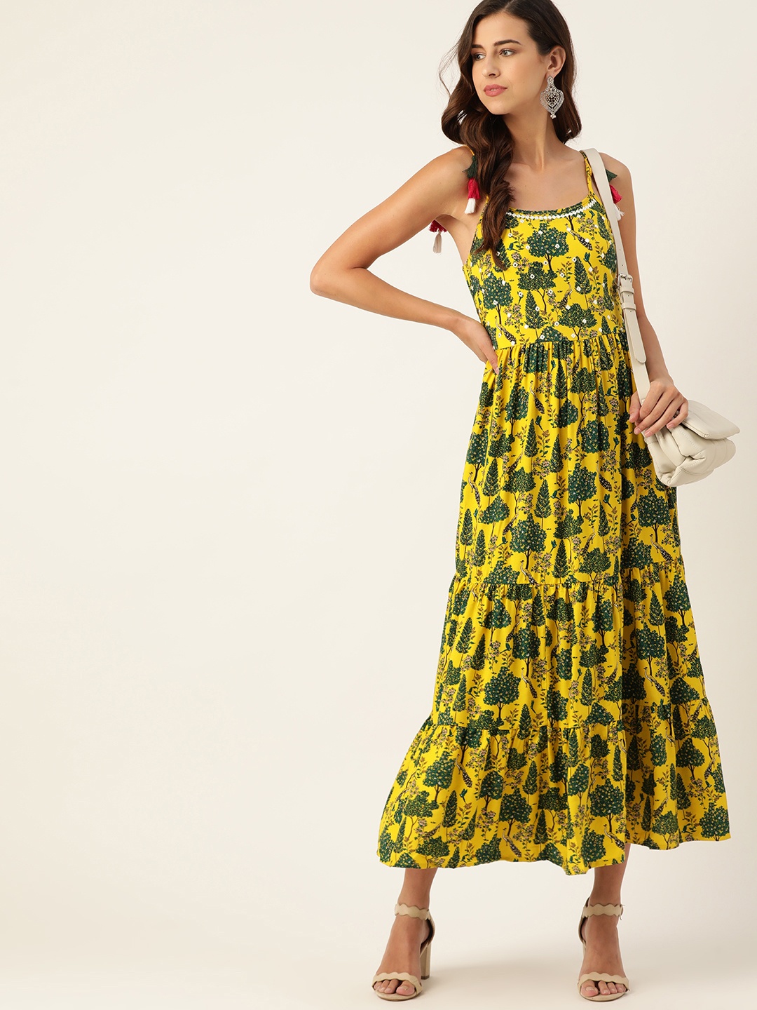 

all about you Mustard Yellow & Green Tropical A-Line Midi Dress With Thread Work Detail