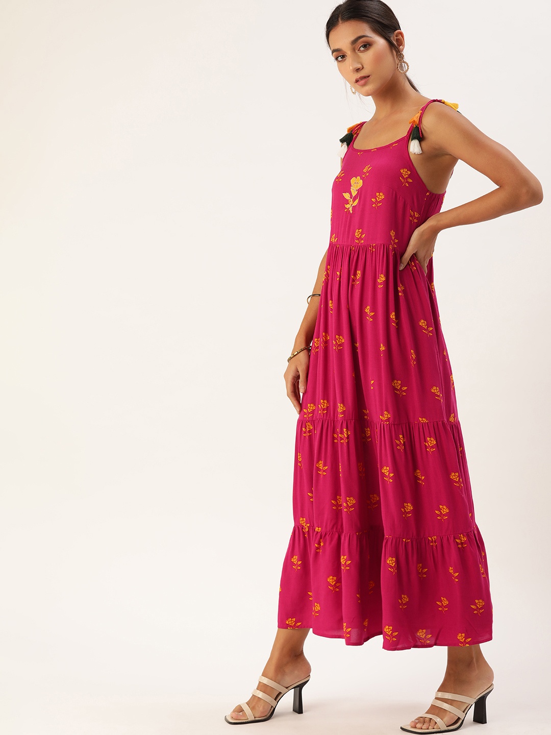 

all about you Fuchsia & Mustard Yellow Ethnic Motifs A-Line Midi Dress
