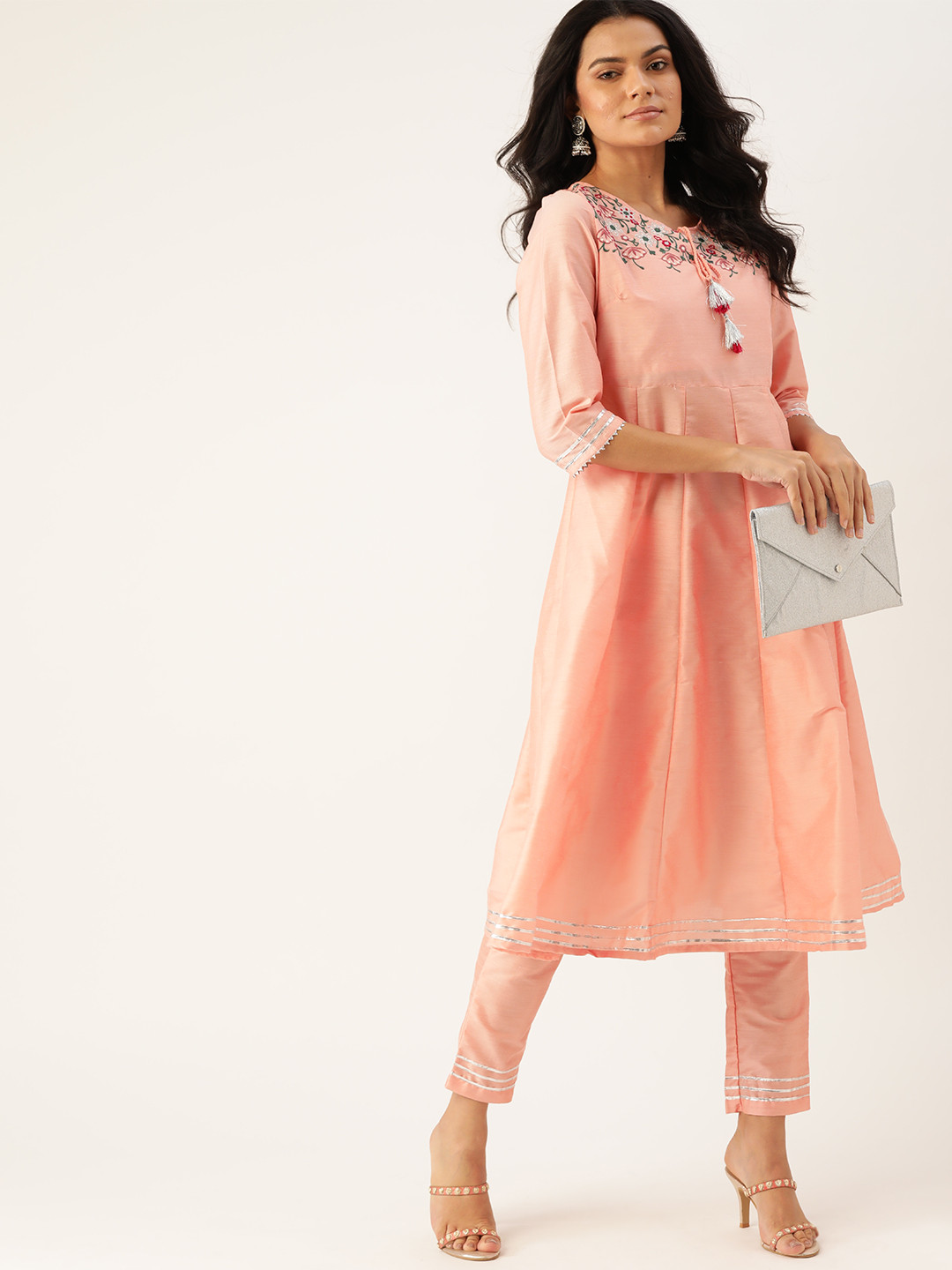

all about you Women Peach-Coloured Floral Yoke Embroidered Gotta Patti Kurta with Trousers