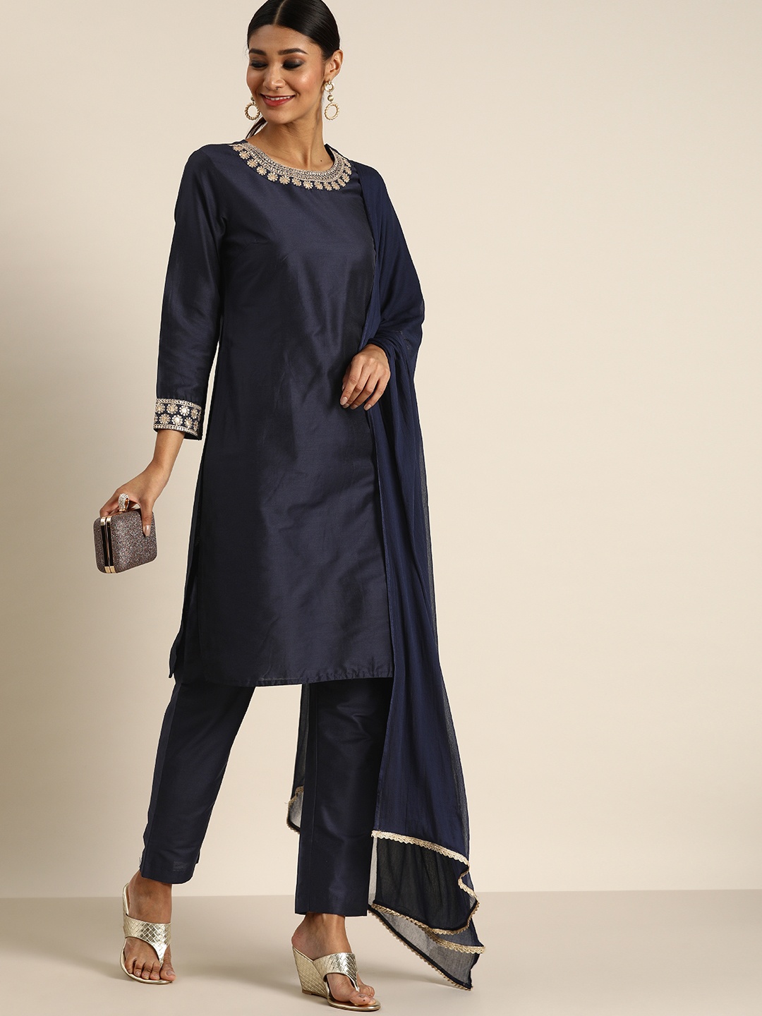 

all about you Women Navy Blue & Golden Satin Finish Kurta with Trousers & With Dupatta