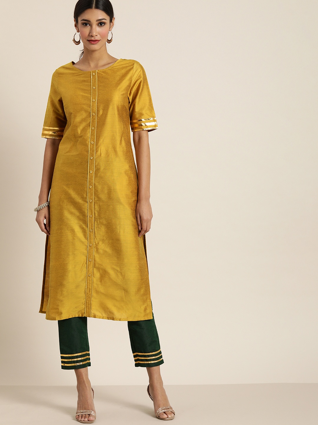 

all about you Women Mustard & Green Solid Kurta with Trousers
