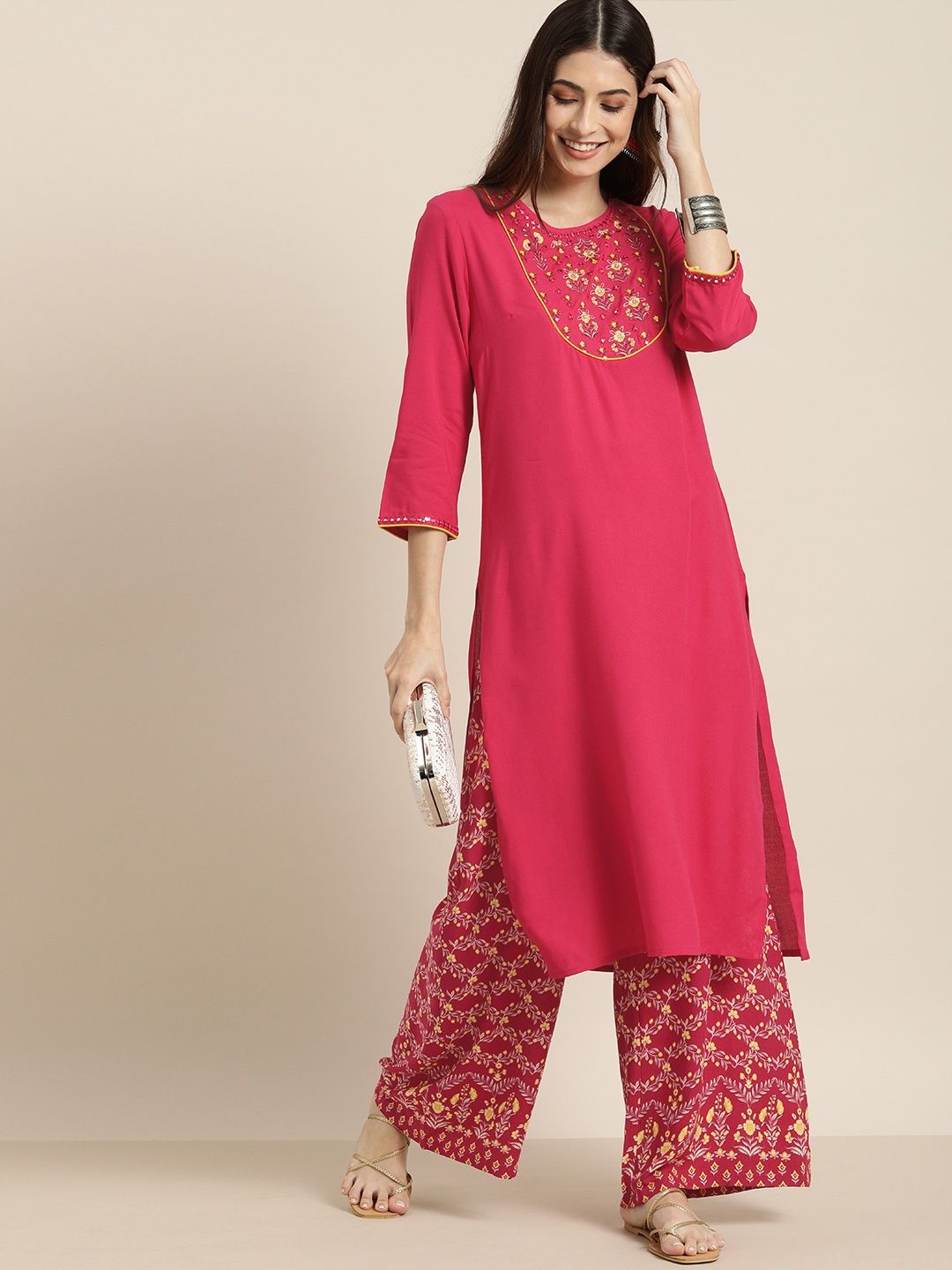

all about you Women Red Embroidered Regular Kurta with Palazzos