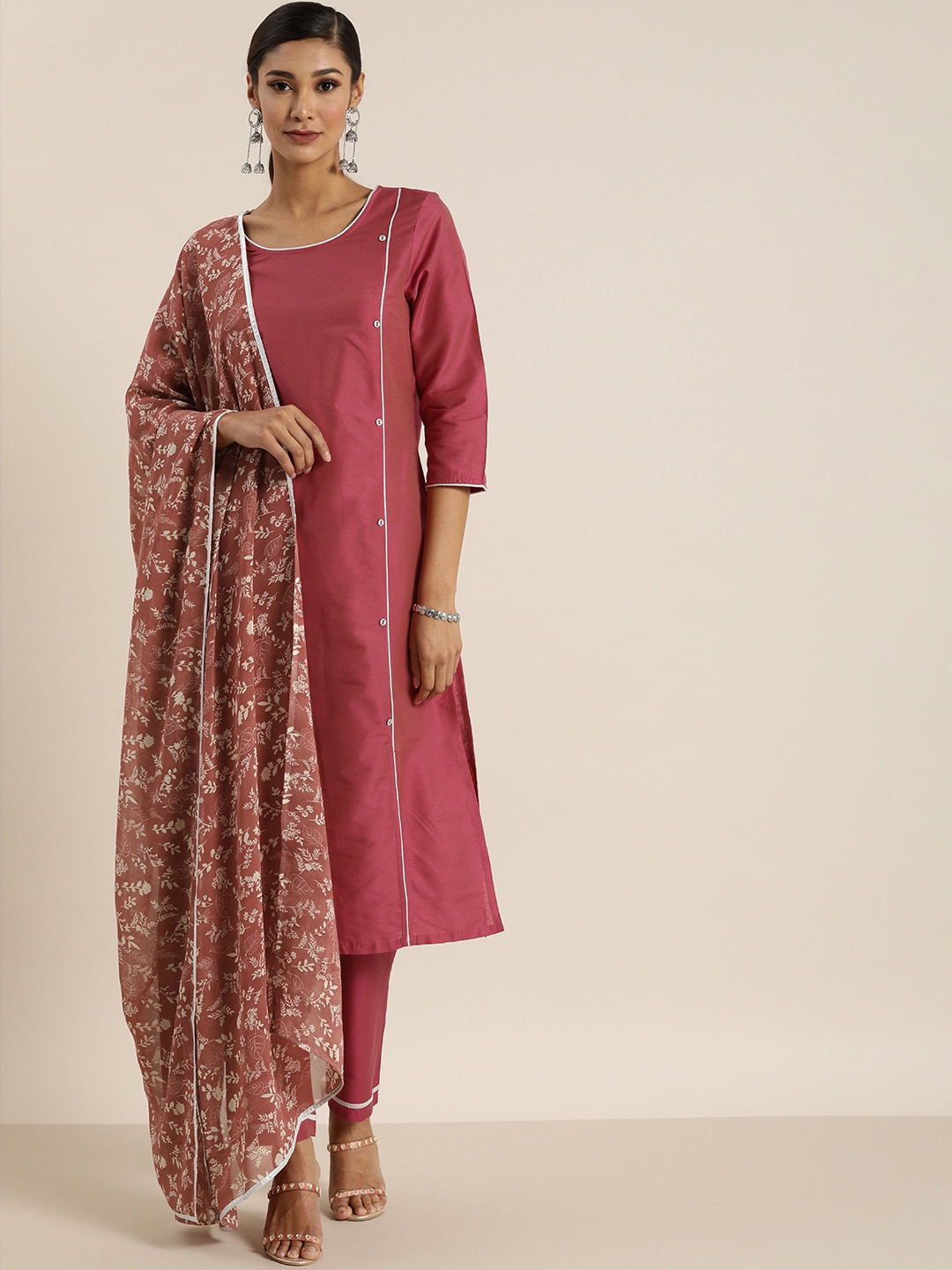 

all about you Women Pink Solid Kurta with Trousers & Dupatta