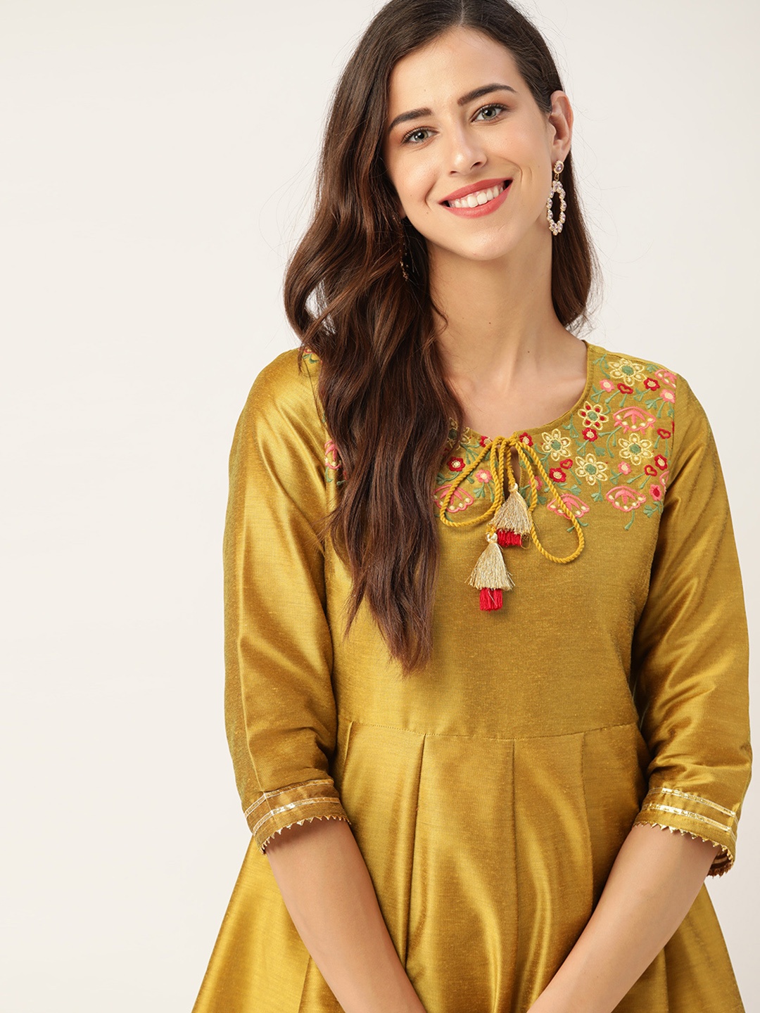 

all about you Women Mustard Yellow Floral Yoke Design Panelled Kurta with Trousers