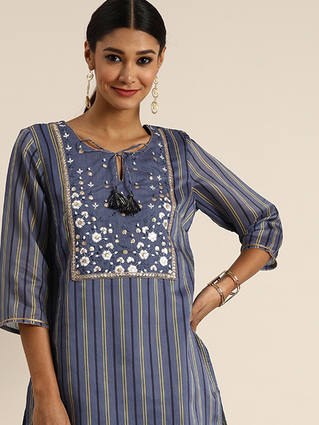 

all about you Women Blue Striped Sequinned Kurta with Trousers