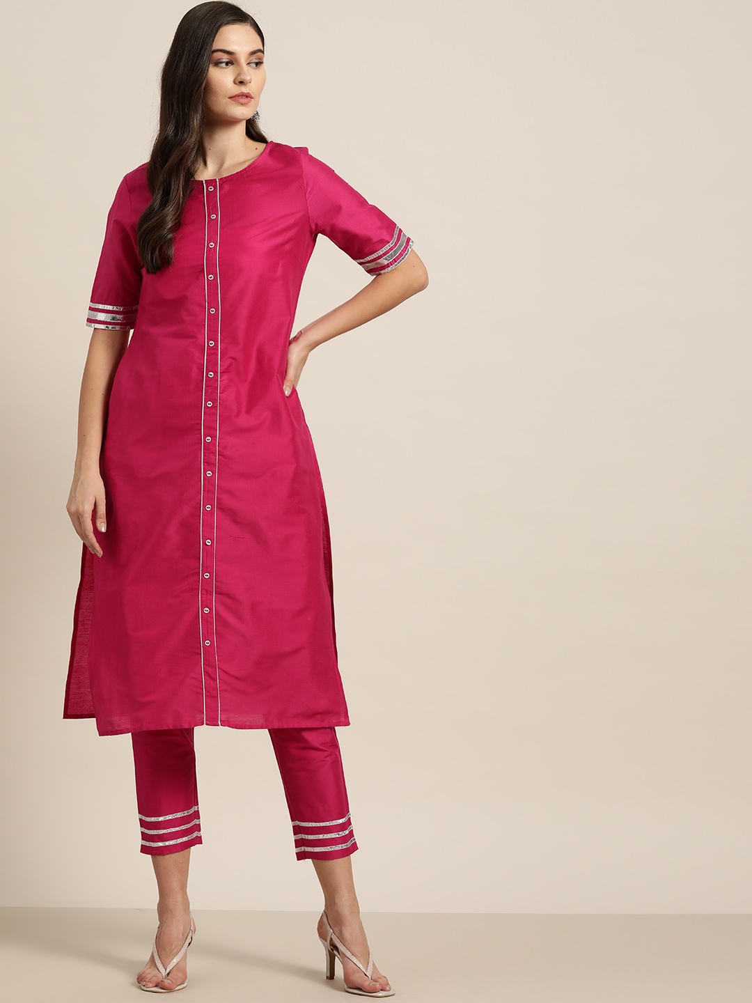 

all about you Women Fuchsia Pink & Silver Solid Kurta with Trousers