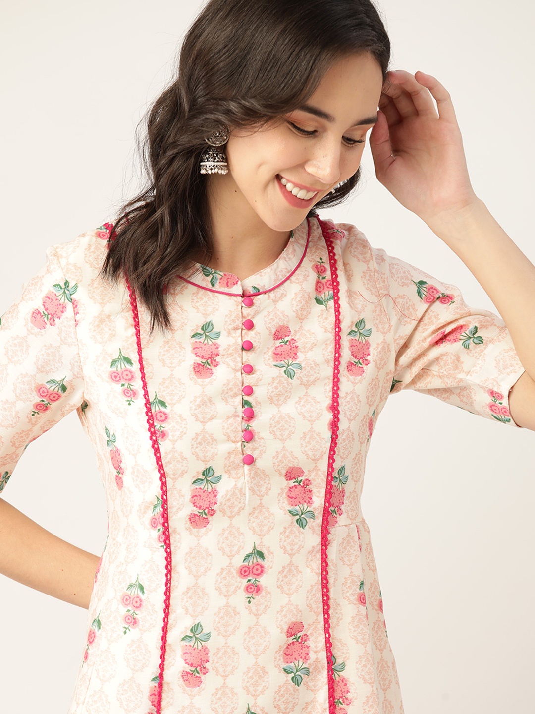 

all about you Women Peach Coloured & Pink Floral Printed Floral Kurta