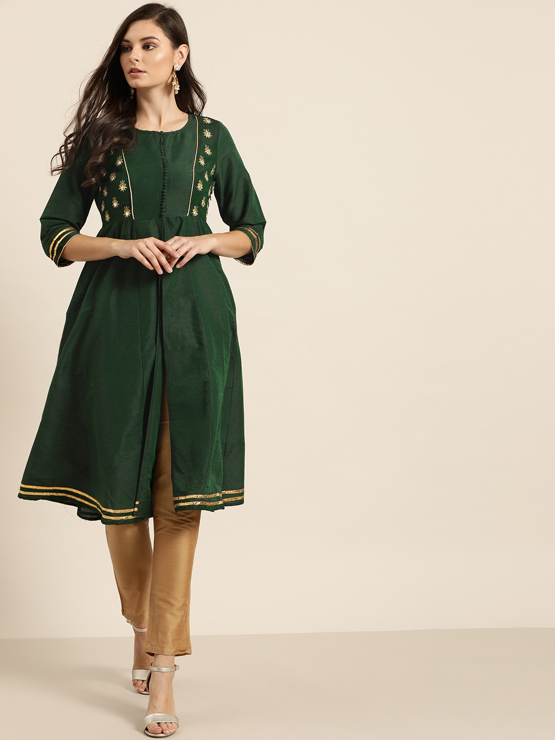

all about you Women Green & Golden Thread Work A-Line Kurta