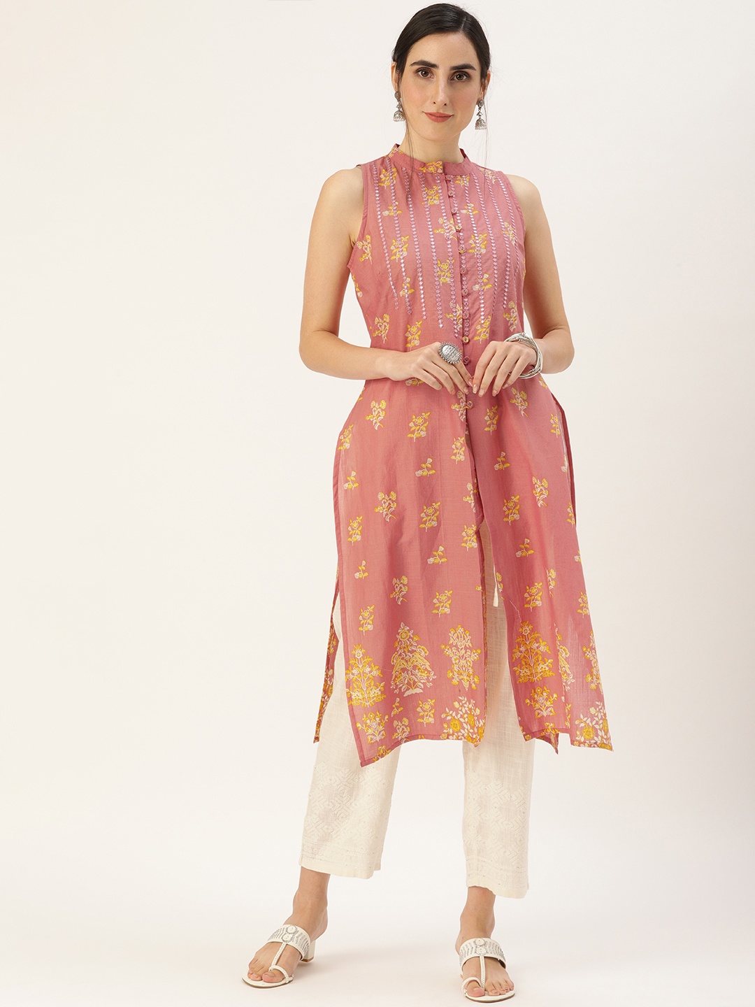 

all about you Women Coral Pink & Yellow Ethnic Motifs Printed Mirror Work Kurta