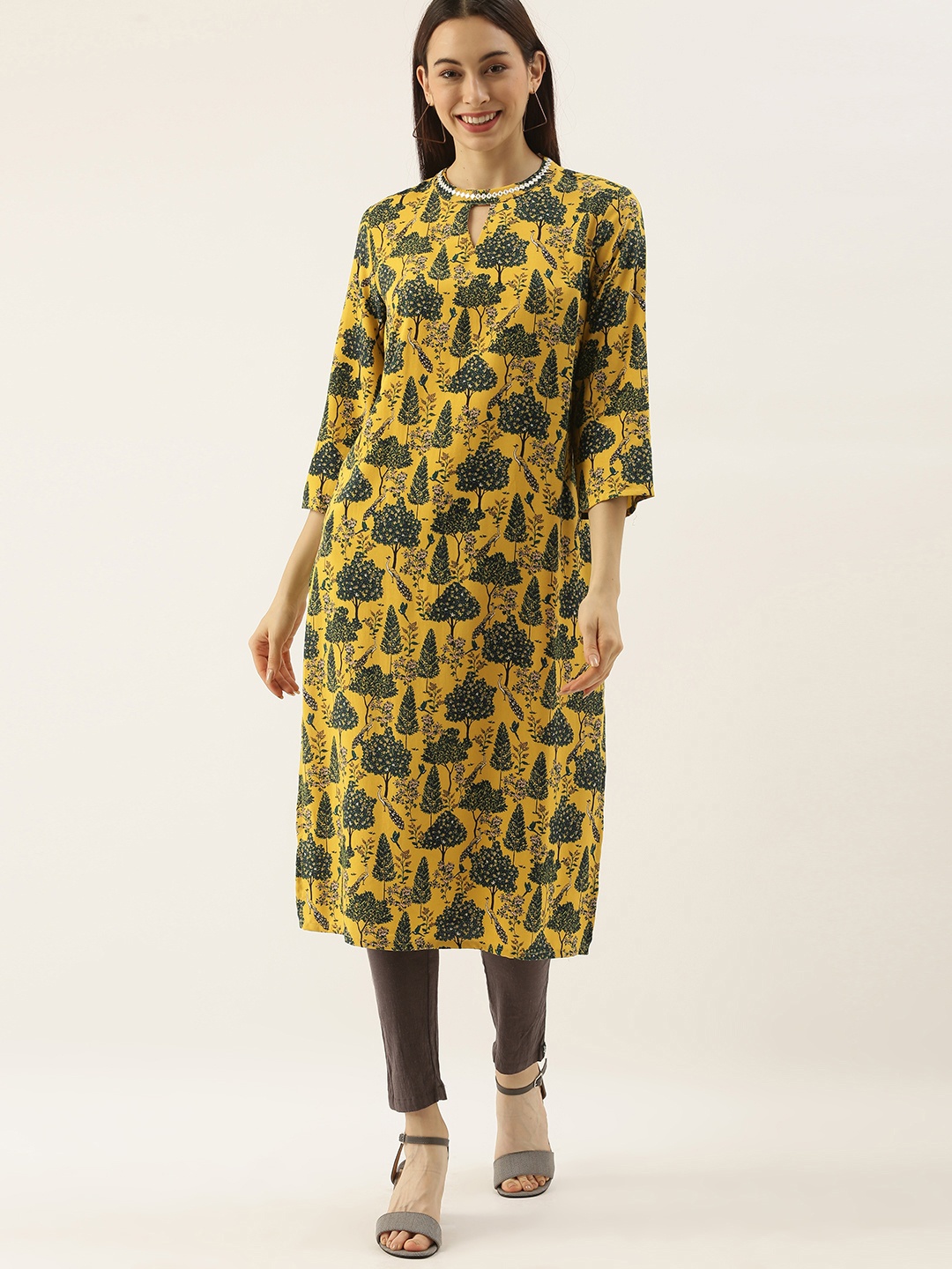 

all about you Women Embellished Yellow & Green Floral Printed Kurta