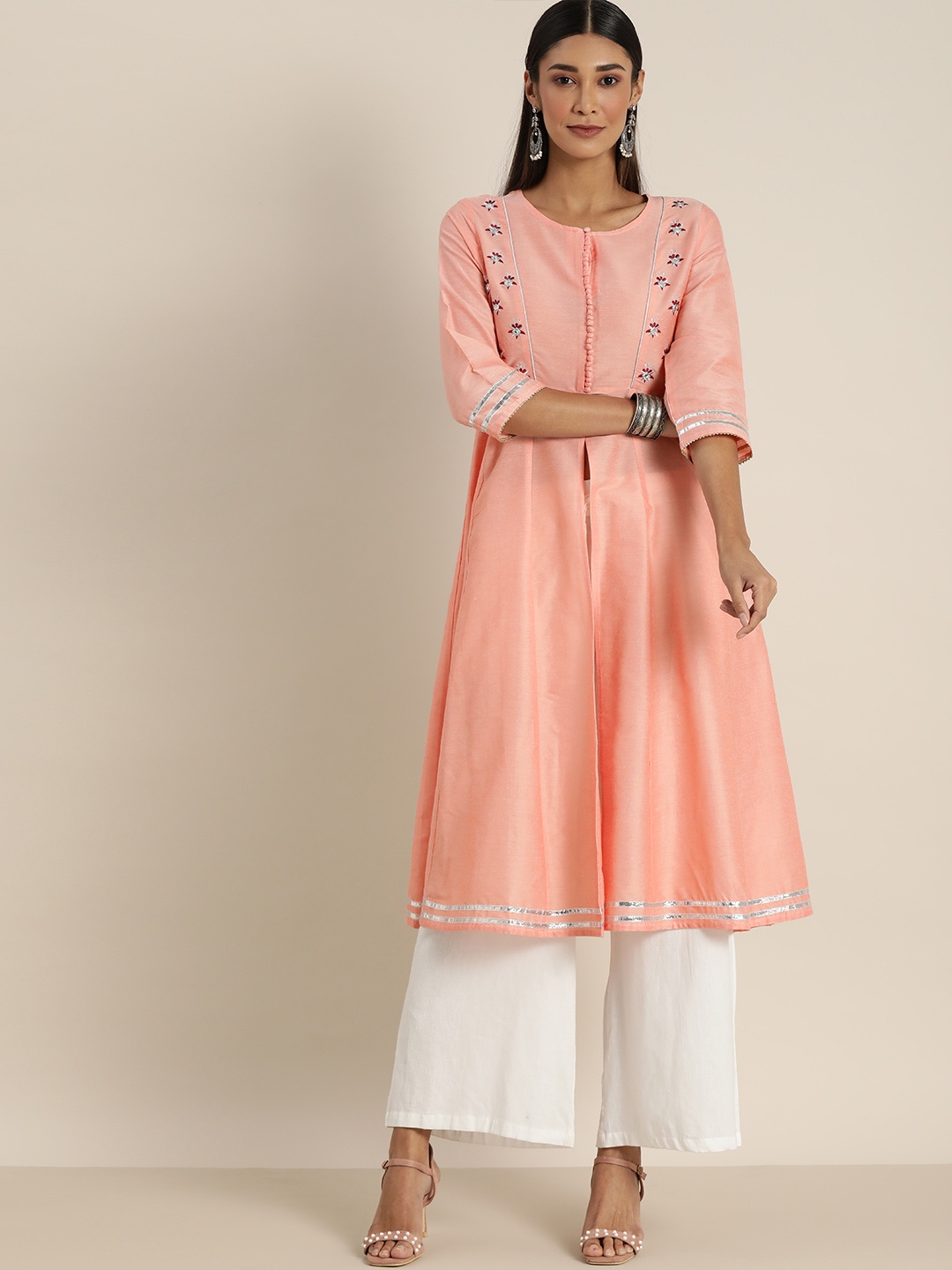 

All About You Women Coral Pink Embroidered High Slit A-line Kurta