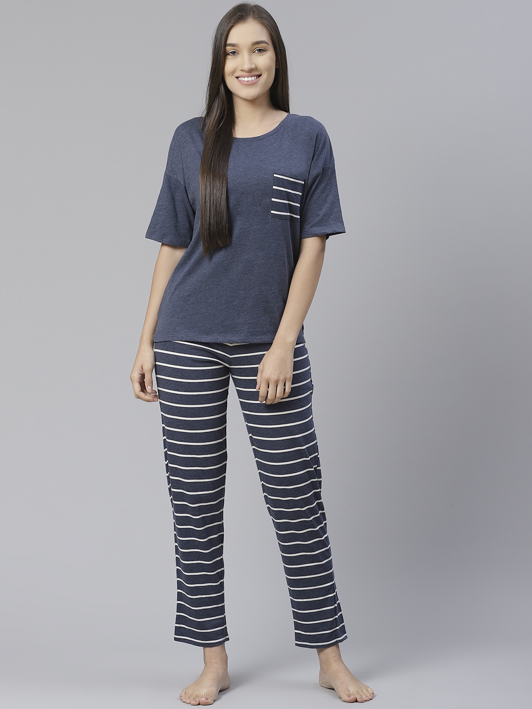 

Marks & Spencer Women Striped Pyjama Set, Navy blue