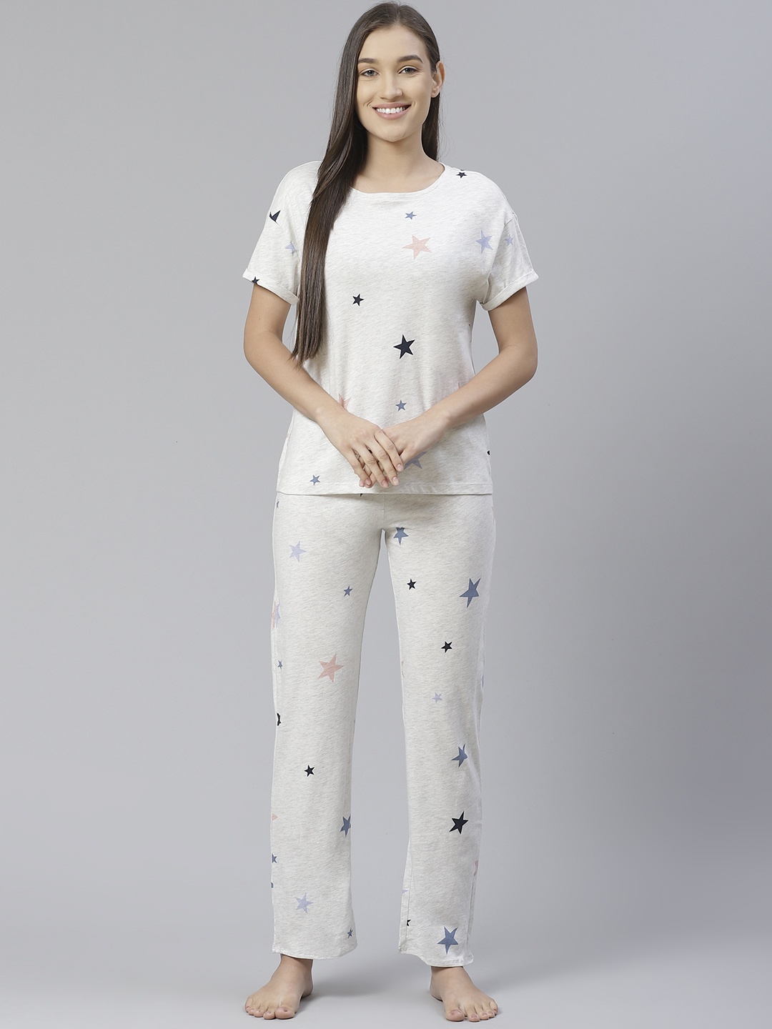 

Marks & Spencer Women White & Blue Star Printed Night suit