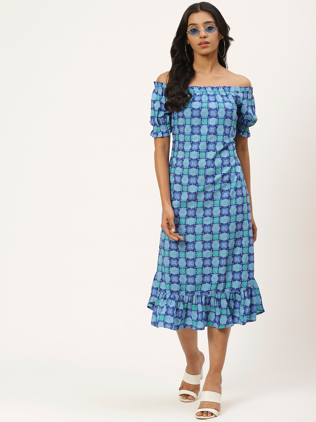 

Cottinfab Women Blue & Green Off-Shoulder Checked A-Line Dress