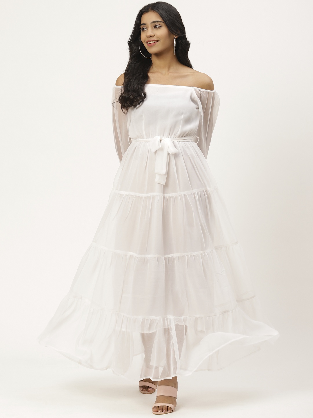 

Cottinfab Women White Off-Shoulder Tiered Solid Maxi Dress