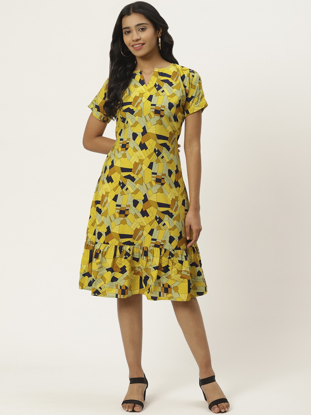 

Cottinfab Women Yellow & Navy Blue Printed A-Line Dress