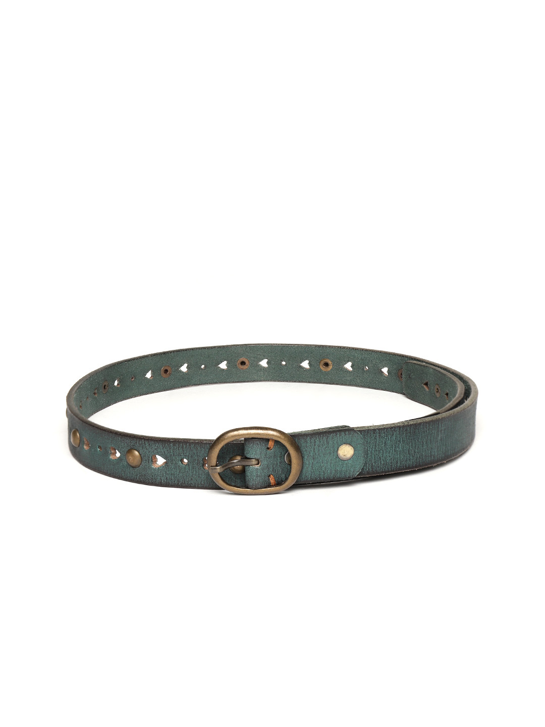 

SASSAFRAS Women Green & Black Printed Cut Work Studded Leather Belt