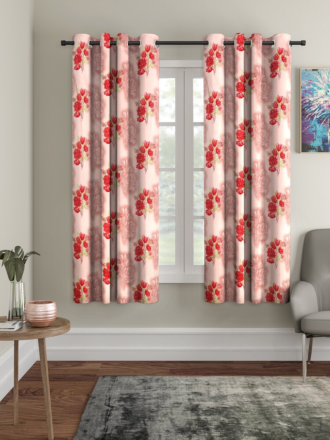 

Cortina Pink & Red Set of 2 Floral Printed Window Curtains