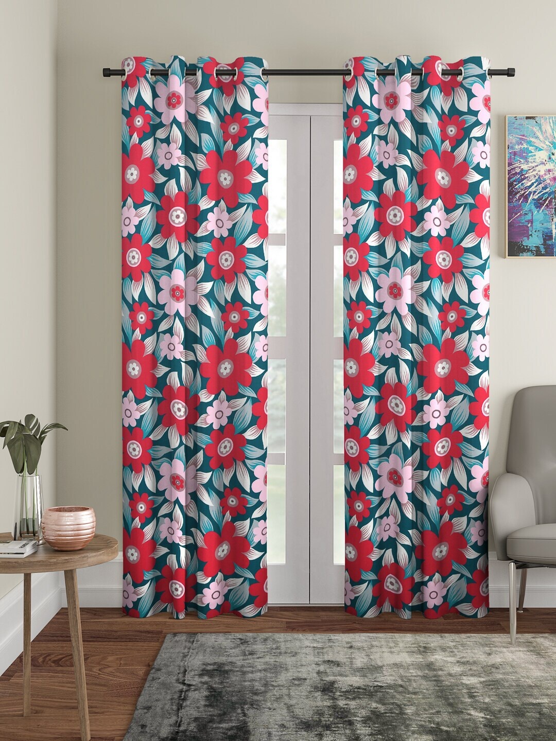 Cortina Teal green & Pink Set of 2 Digital Printed Long Door Curtains, Multi