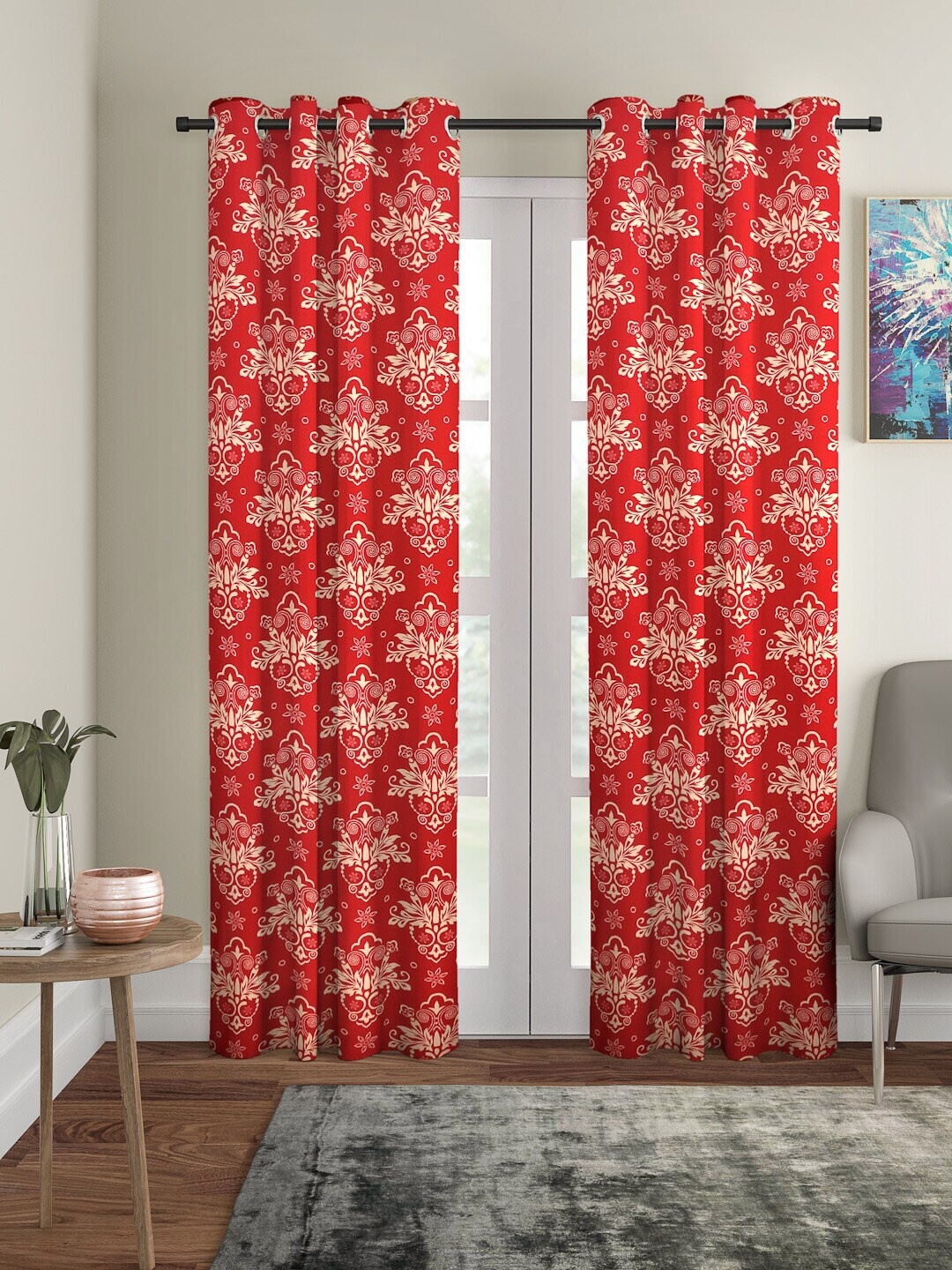 Cortina Set of 2 Red & Beige Printed Regular Curtains