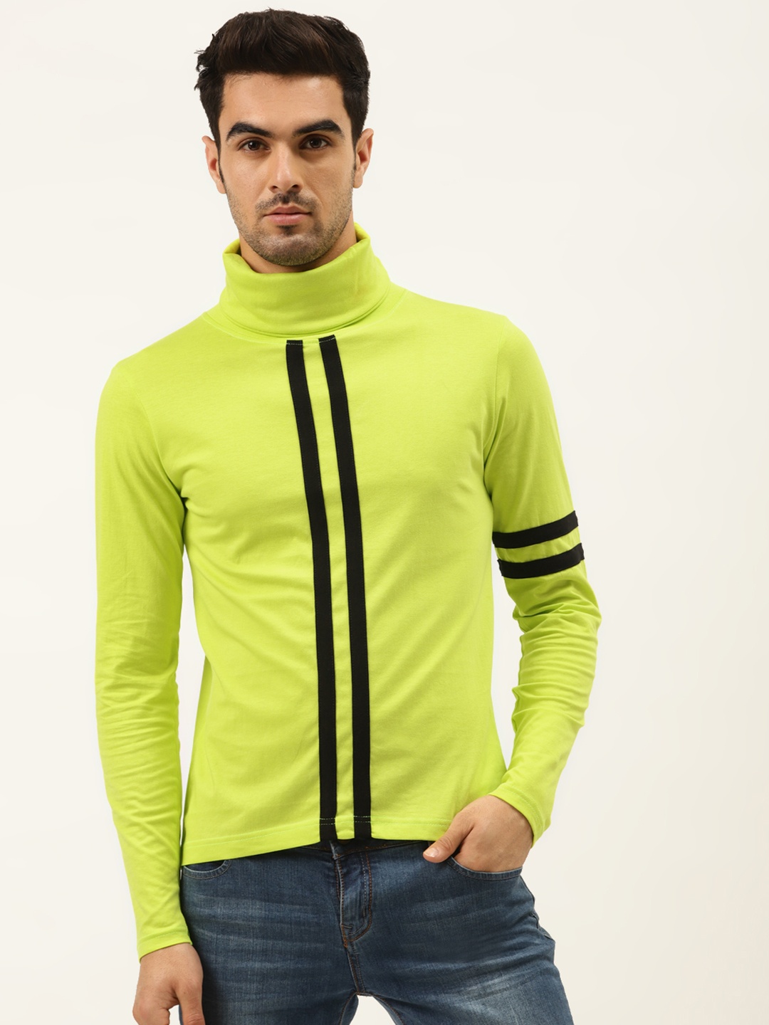 

The Dry State Men Fluorescent Green & Black Cotton Striped Turtle Neck T-shirt
