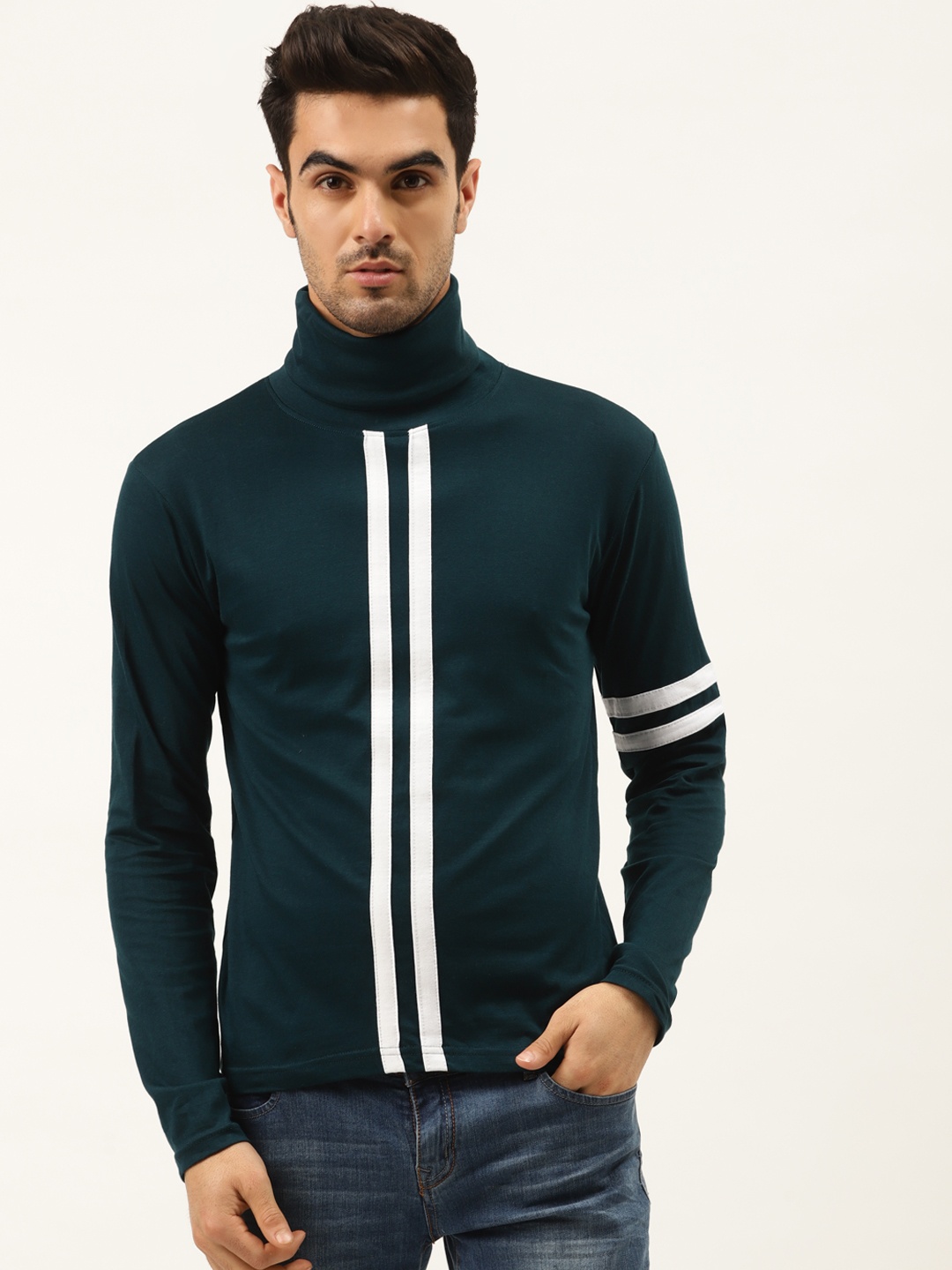 

The Dry State Men Teal Blue & Striped Cotton Slim Fit Striped Turtle Neck T-shirt