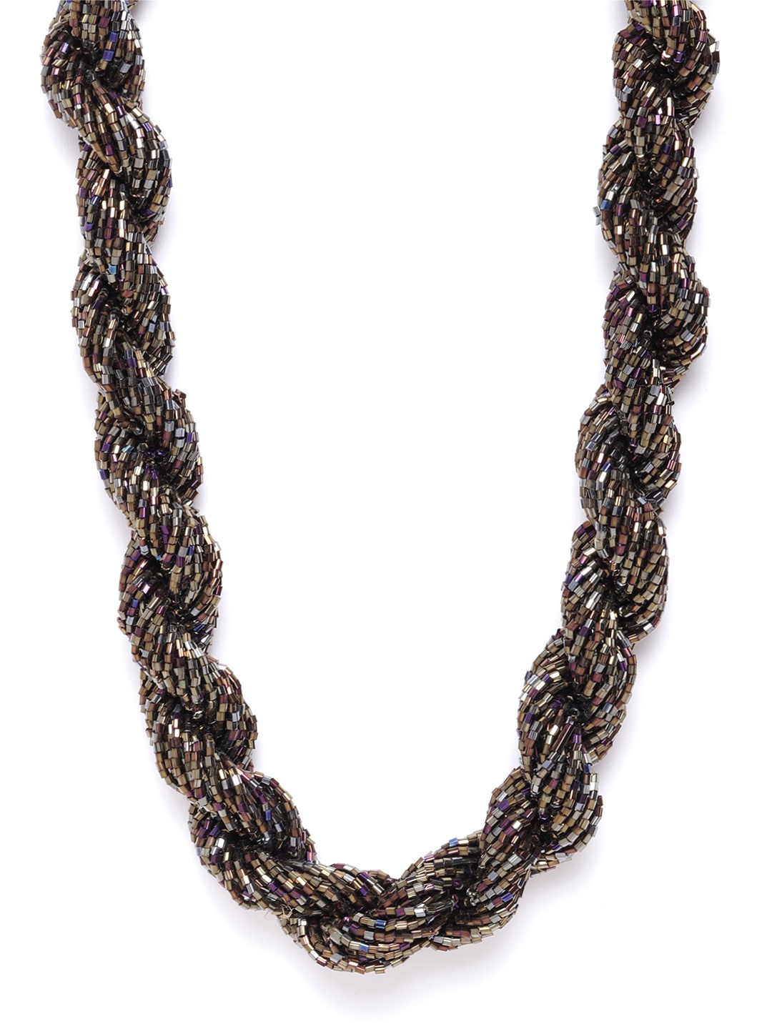 

RICHEERA Gunmetal-Toned & Bronze-Toned Glass Beaded Statement Twisted Necklace, Metallic