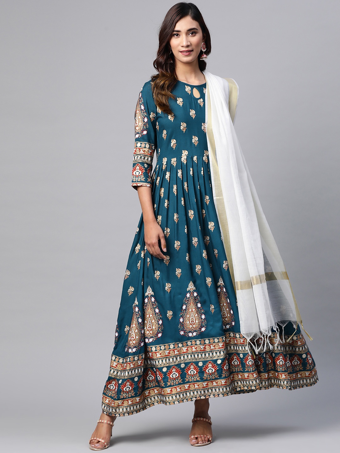 

mokshi Women Blue & Golden Printed Maxi Dress with Dupatta