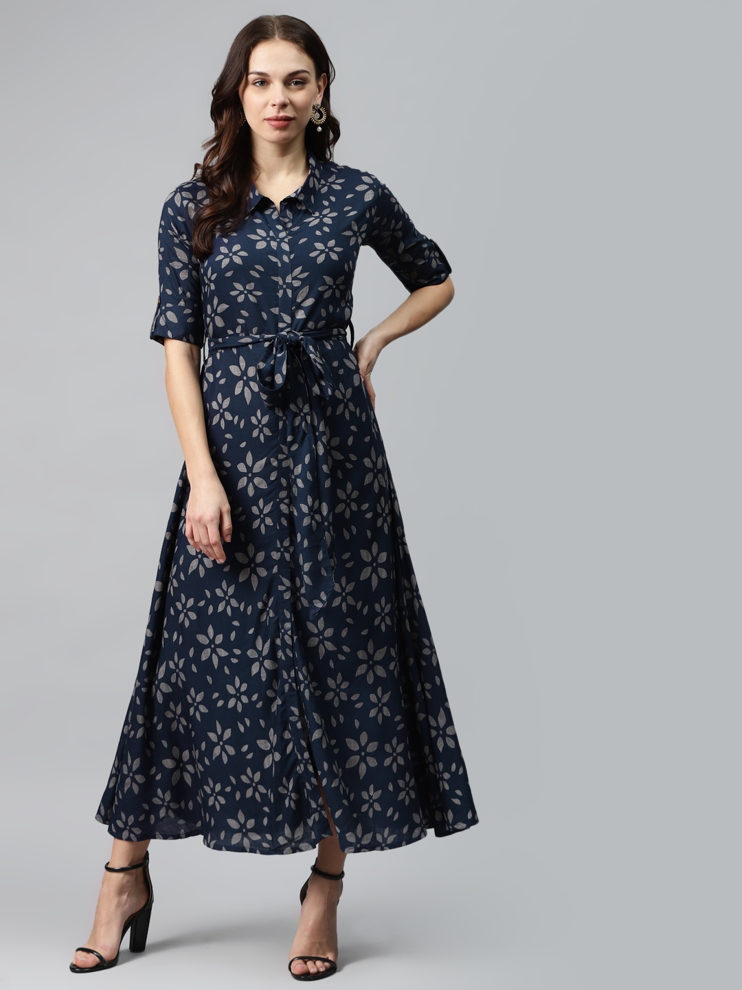 

mokshi Navy Blue & Grey Ethnic Motifs Printed Shirt Dress With Belt