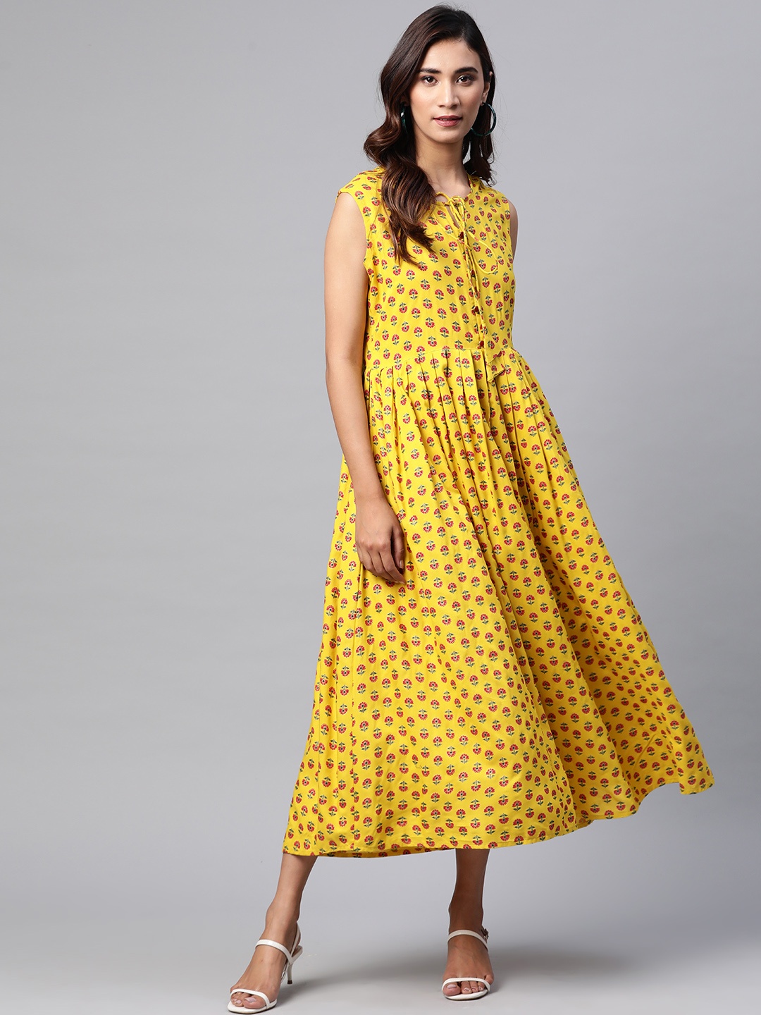 

mokshi Women Mustard Yellow & Red Printed Maxi Dress
