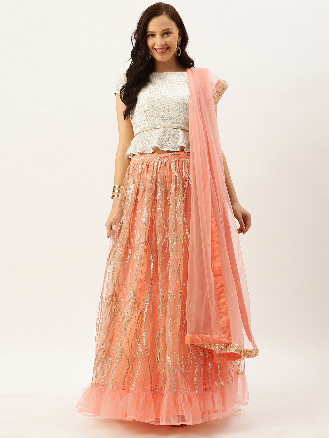 

Ethnovog Off-White Peach-Coloured Embroidered Made to Measure Lehenga Set
